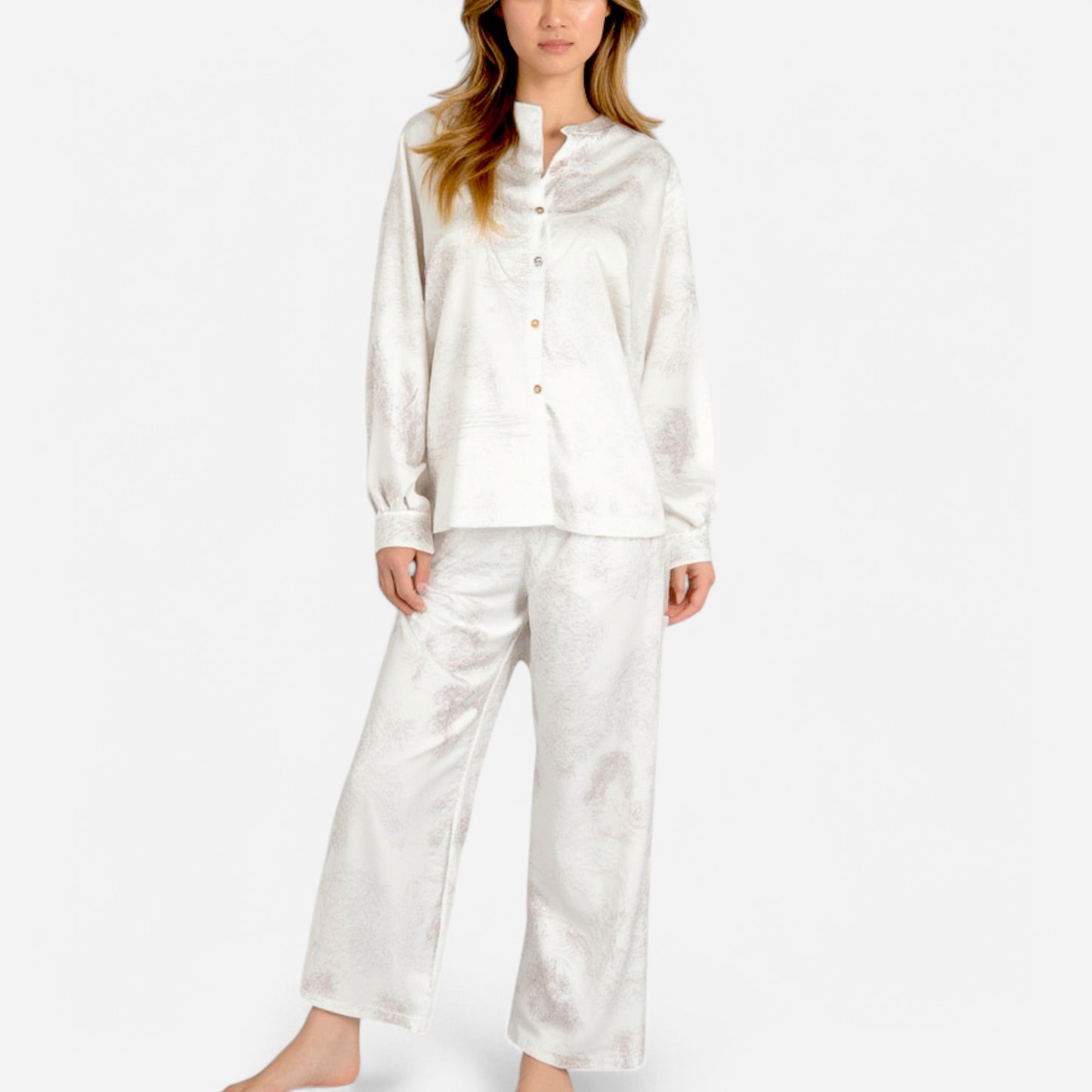 Anna-Kaci Lounge Women's Toile Print Button Up Pajama Set with Long Sleeve Top and Elastic Waist Drawstring Pants