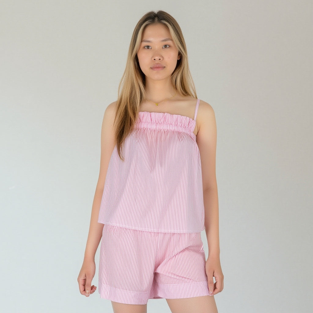 Anna-Kaci Lounge Women's Striped Pajama Set with Ruffle Trim Cami Top and Relaxed Fit Shorts