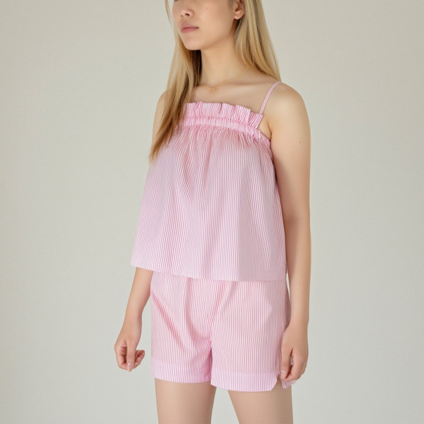 Anna-Kaci Lounge Women's Striped Pajama Set with Ruffle Trim Cami Top and Relaxed Fit Shorts