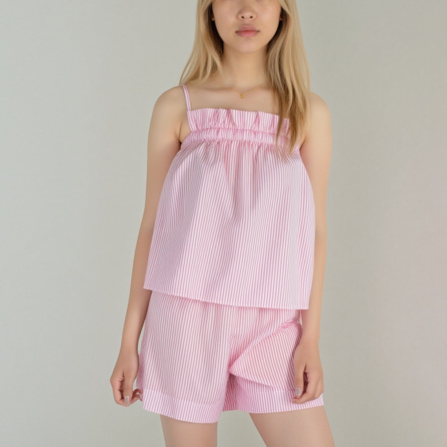 Anna-Kaci Lounge Women's Striped Pajama Set with Ruffle Trim Cami Top and Relaxed Fit Shorts