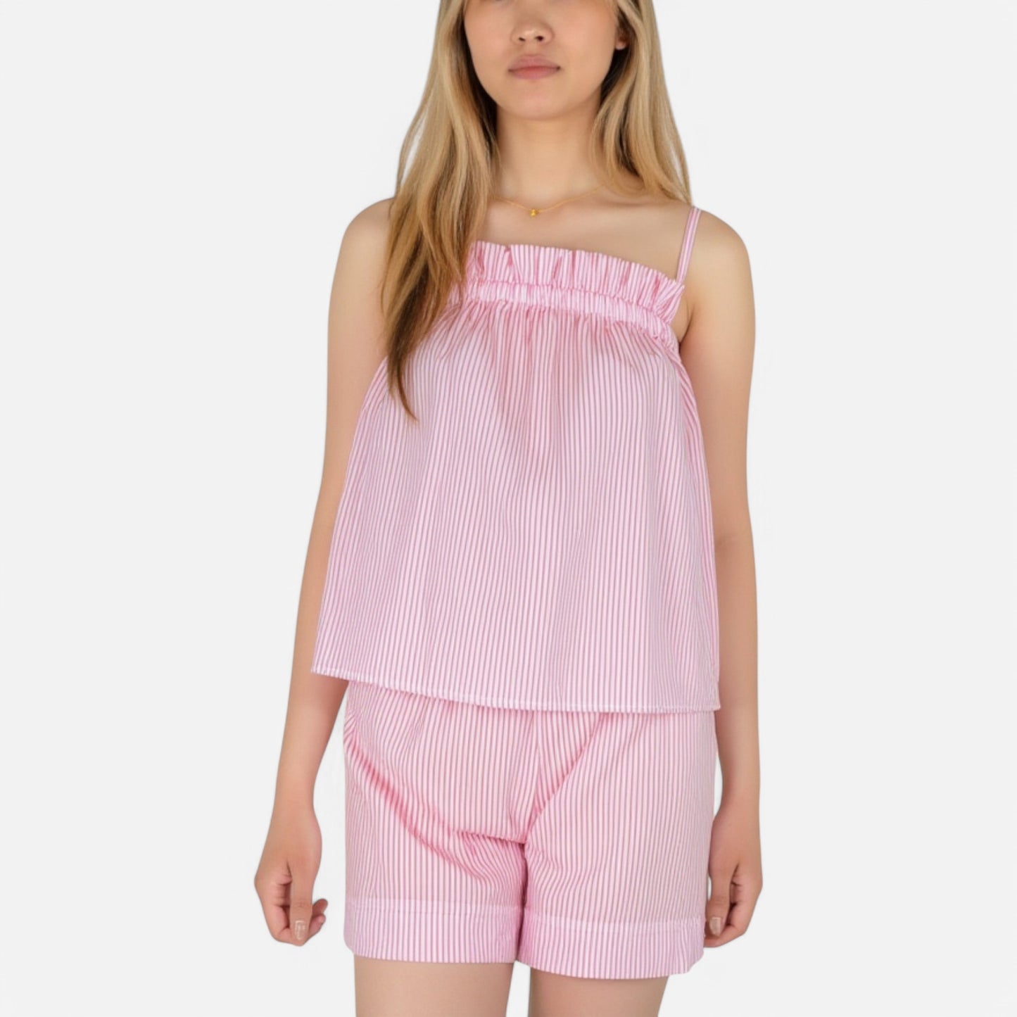 Anna-Kaci Lounge Women's Striped Pajama Set with Ruffle Trim Cami Top and Relaxed Fit Shorts