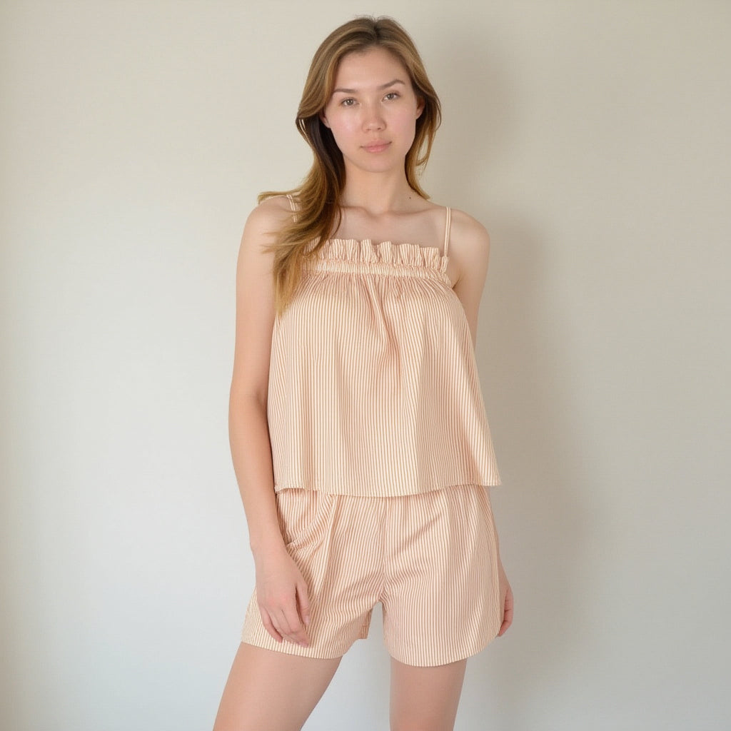 Anna-Kaci Lounge Women's Striped Pajama Set with Ruffle Trim Cami Top and Relaxed Fit Shorts