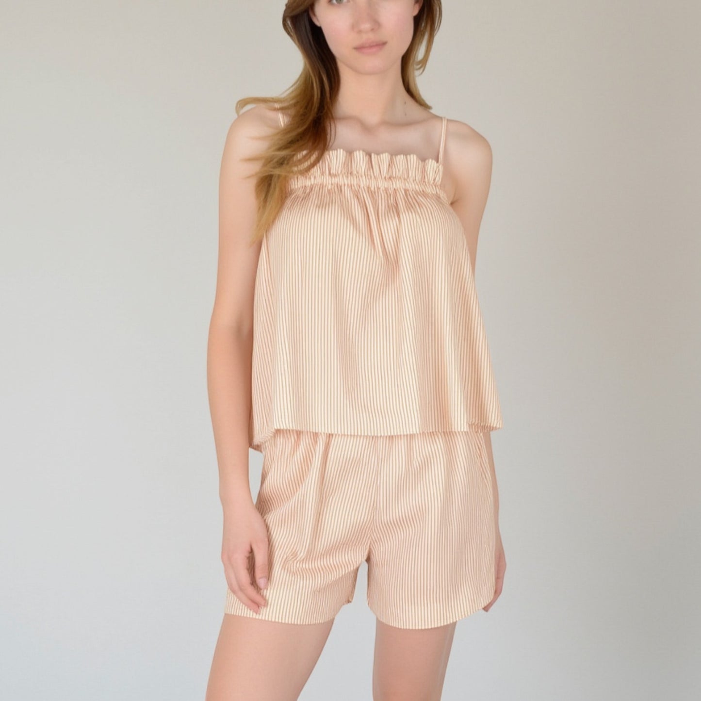 Anna-Kaci Lounge Women's Striped Pajama Set with Ruffle Trim Cami Top and Relaxed Fit Shorts