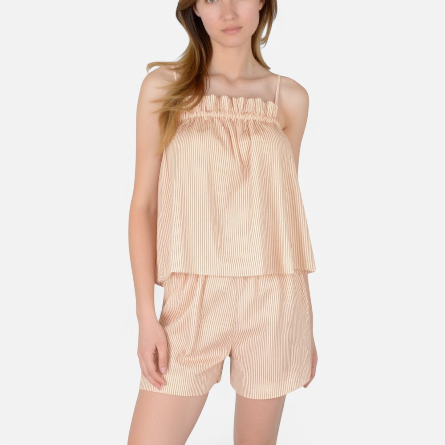 Anna-Kaci Lounge Women's Striped Pajama Set with Ruffle Trim Cami Top and Relaxed Fit Shorts