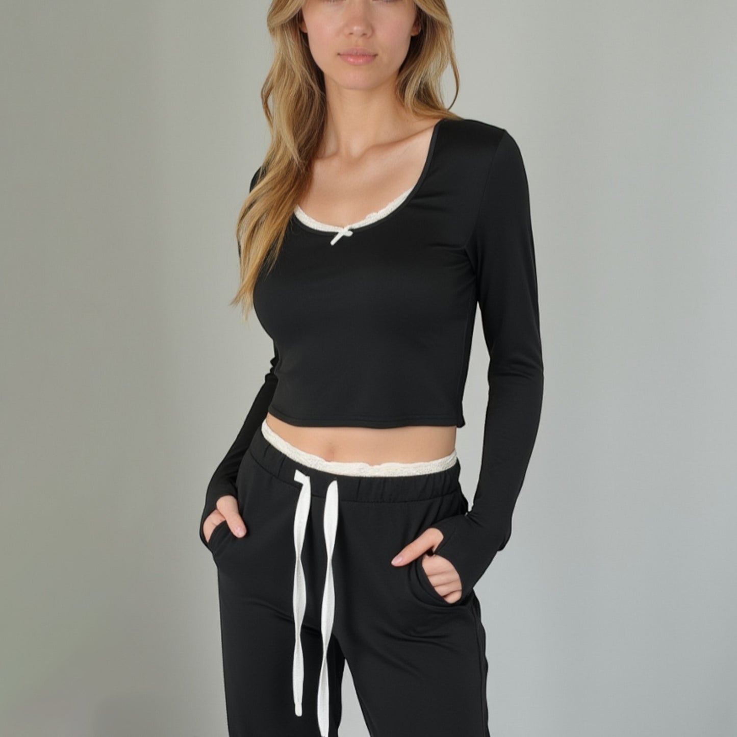 Anna-Kaci Lounge Women's Lace Trim Long Sleeve Lounge Top and Jogger Pants Pajama Set with Drawstring Waist