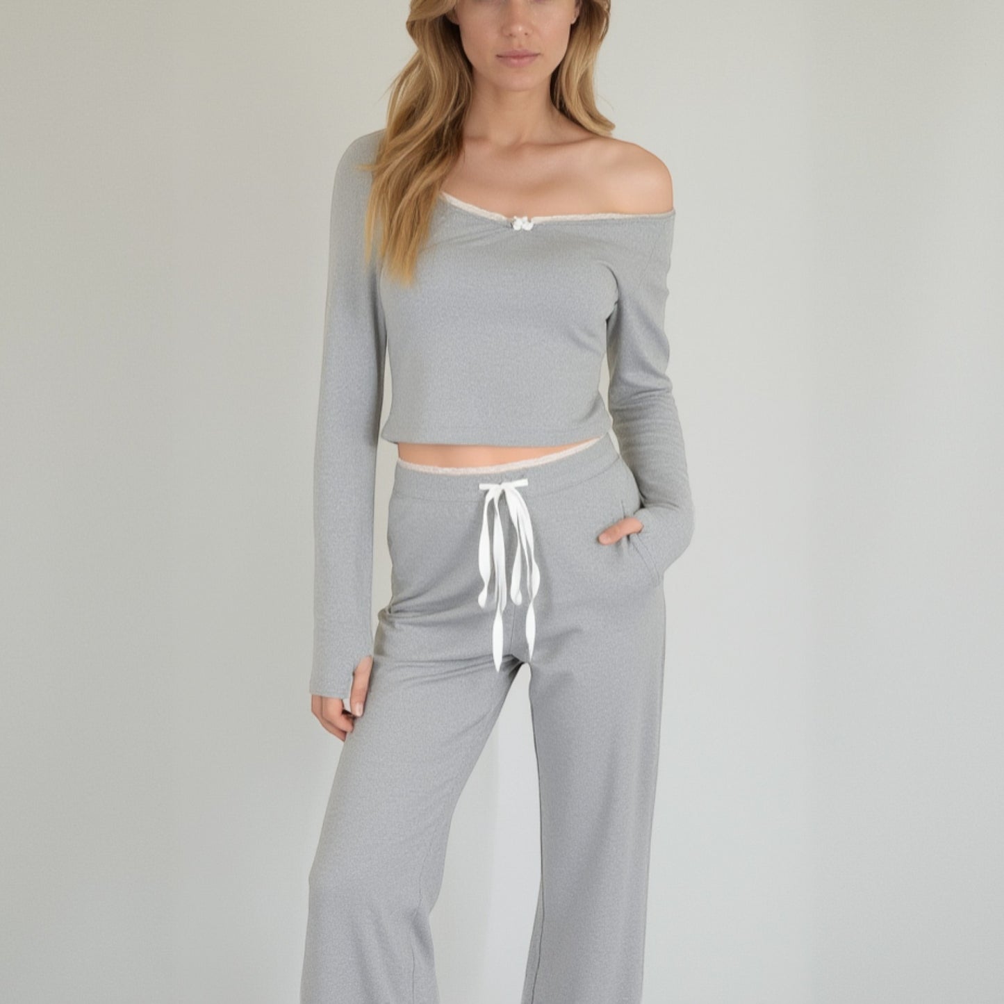 Anna-Kaci Lounge Women's Lace Trim Long Sleeve Lounge Top and Jogger Pants Pajama Set with Drawstring Waist