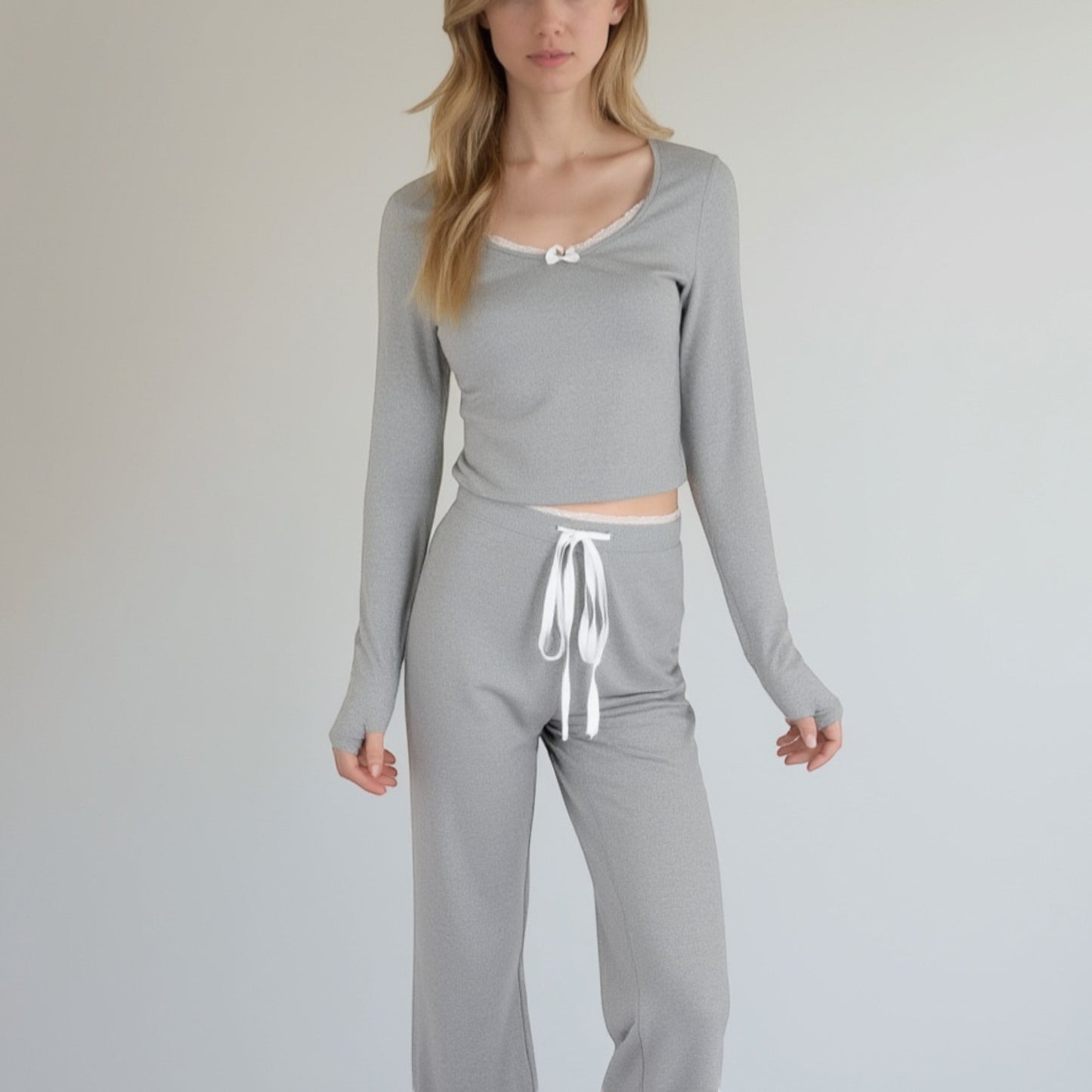 Anna-Kaci Lounge Women's Lace Trim Long Sleeve Lounge Top and Jogger Pants Pajama Set with Drawstring Waist