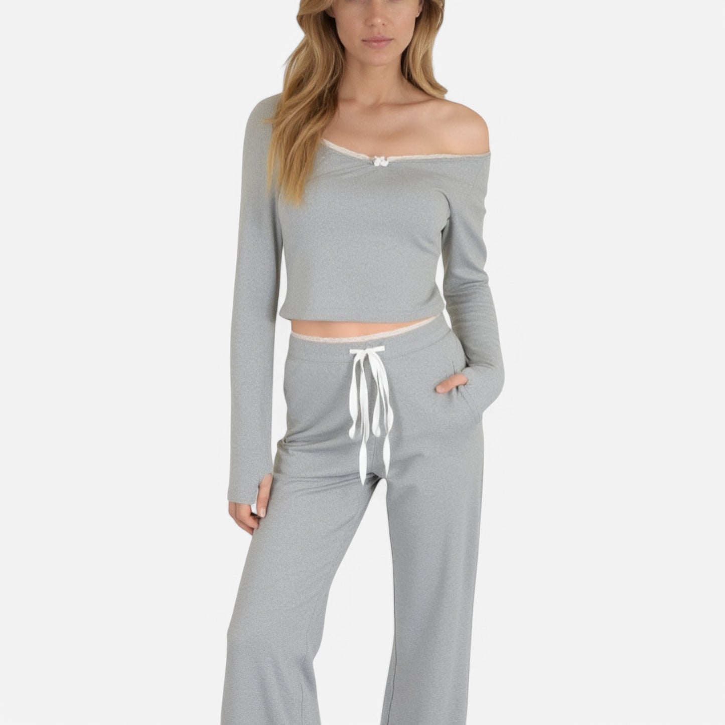 Anna-Kaci Lounge Women's Lace Trim Long Sleeve Lounge Top and Jogger Pants Pajama Set with Drawstring Waist