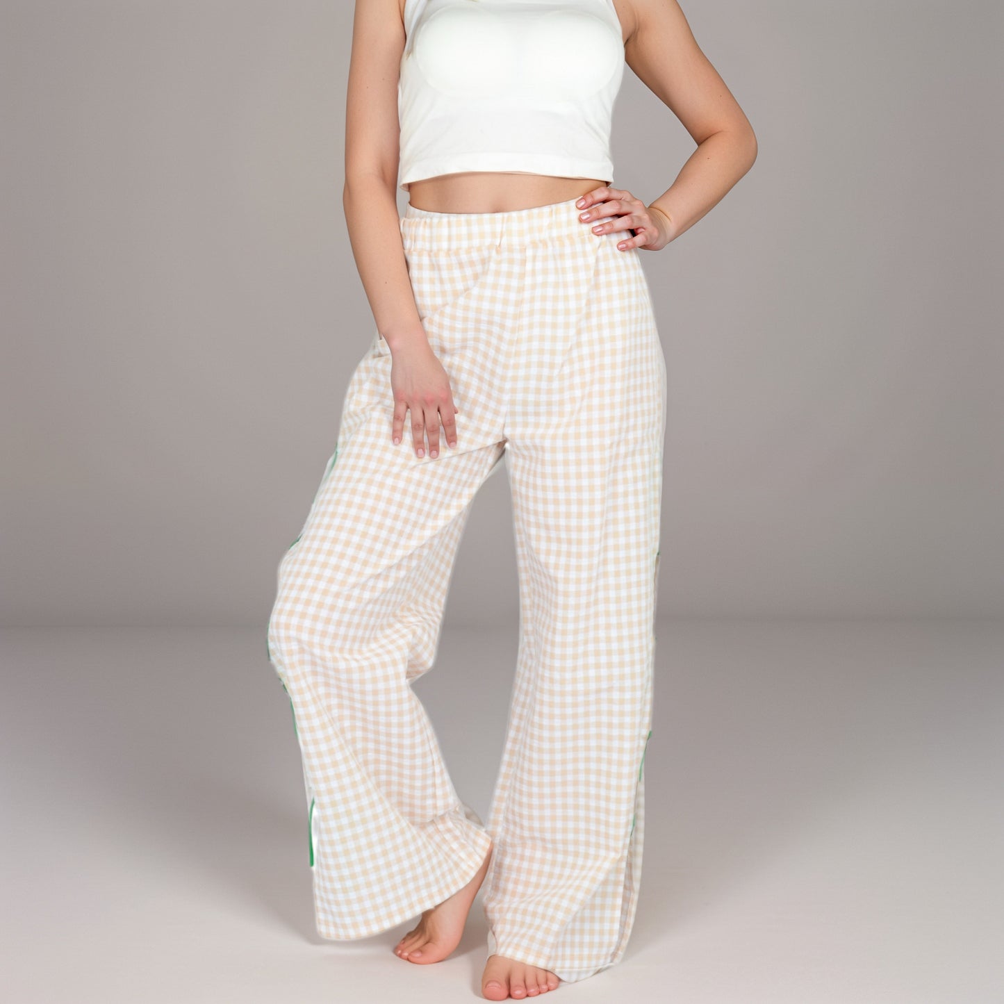 Anna-Kaci Women's Gingham Wide Leg Pants with Elastic Waistband Contrast Side Ribbon Tie Details and Relaxed Full-Length Fit
