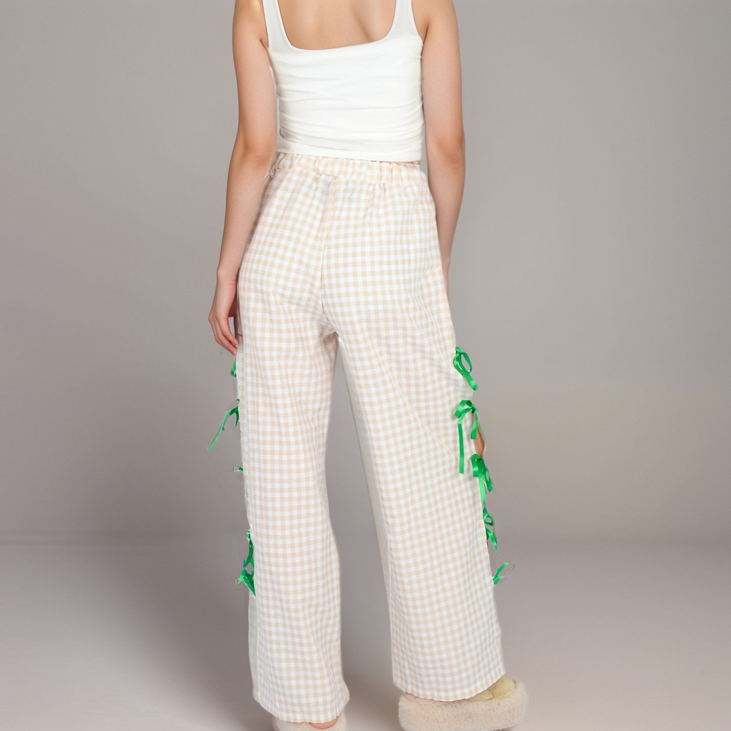 Anna-Kaci Women's Gingham Wide Leg Pants with Elastic Waistband Contrast Side Ribbon Tie Details and Relaxed Full-Length Fit