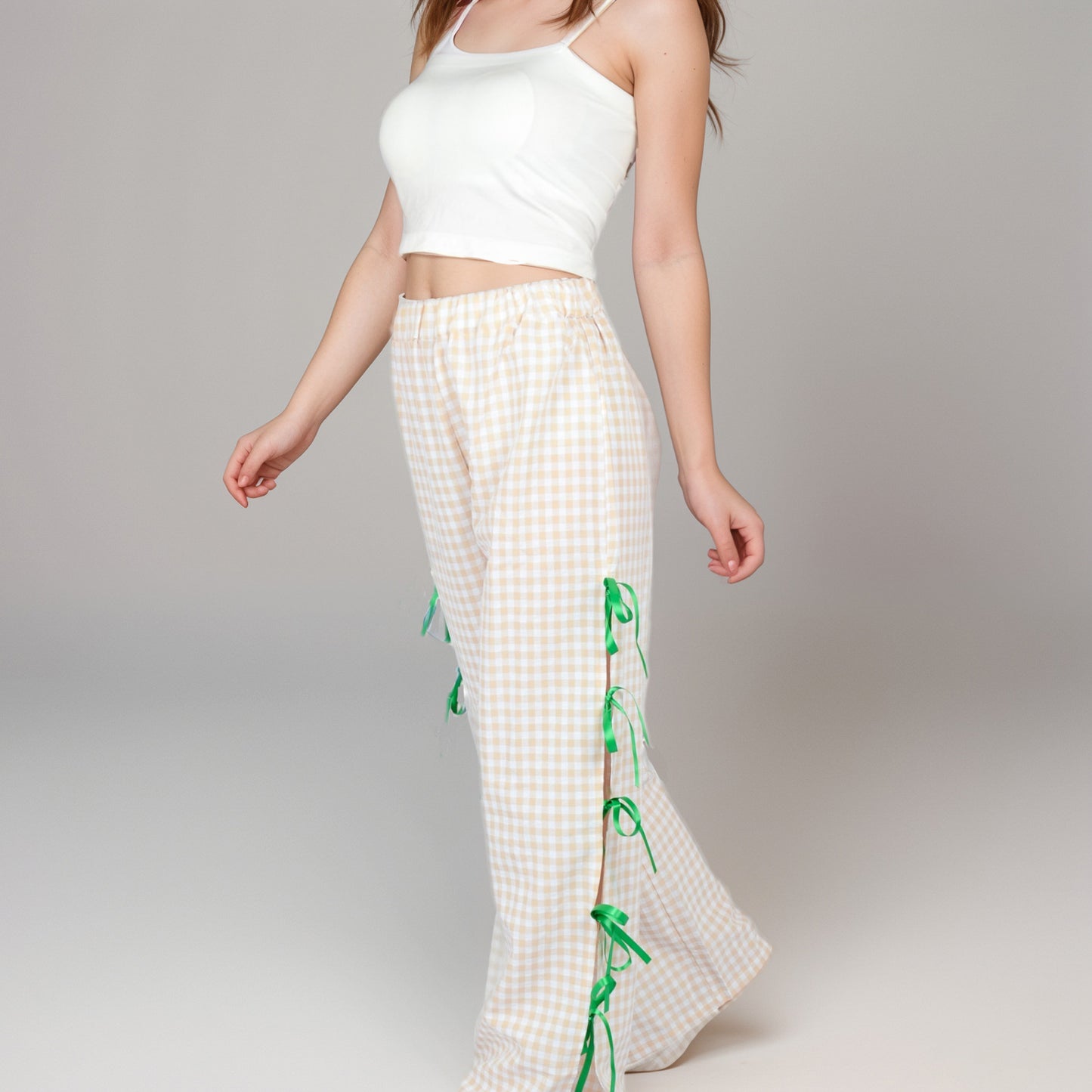 Anna-Kaci Women's Gingham Wide Leg Pants with Elastic Waistband Contrast Side Ribbon Tie Details and Relaxed Full-Length Fit