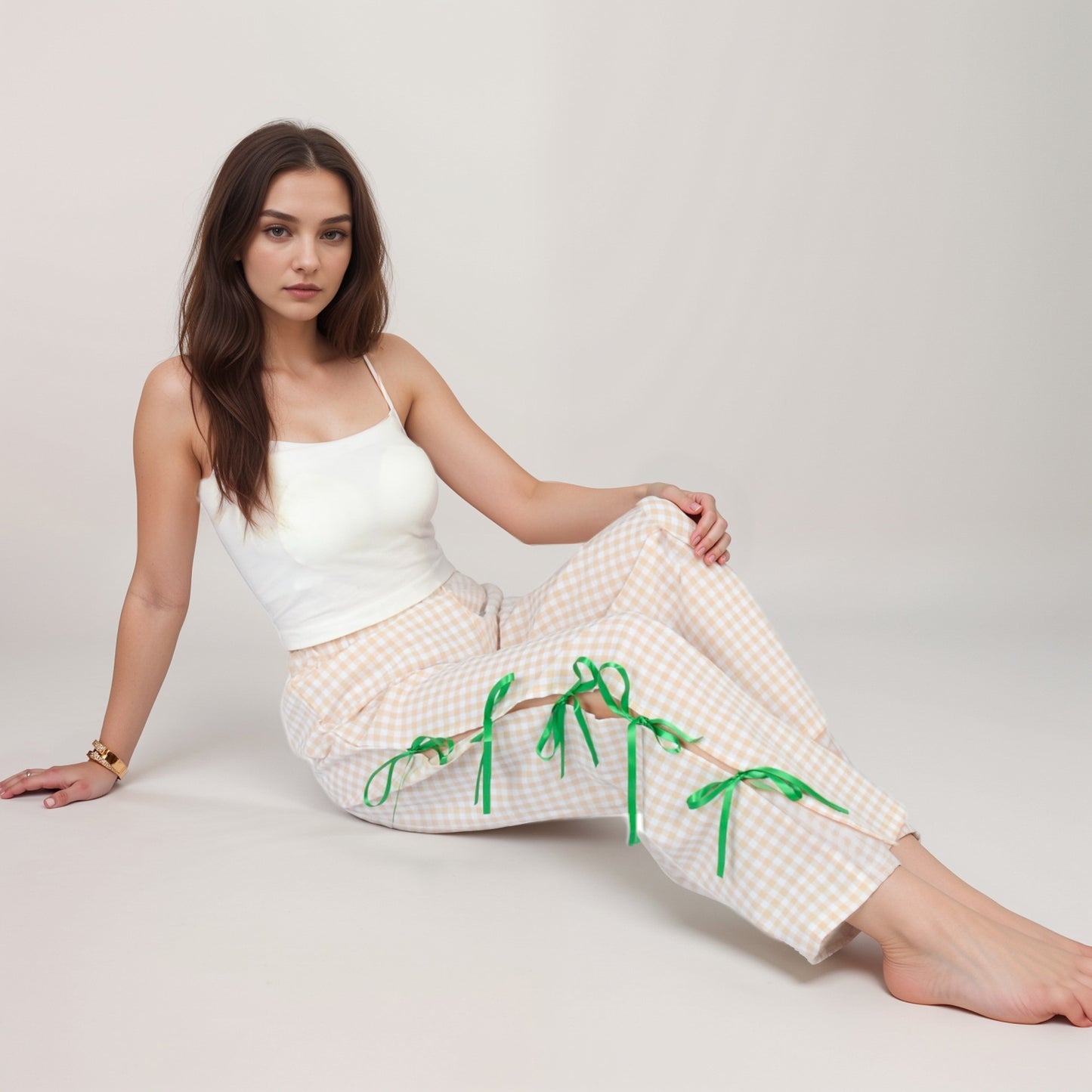 Anna-Kaci Women's Gingham Wide Leg Pants with Elastic Waistband Contrast Side Ribbon Tie Details and Relaxed Full-Length Fit
