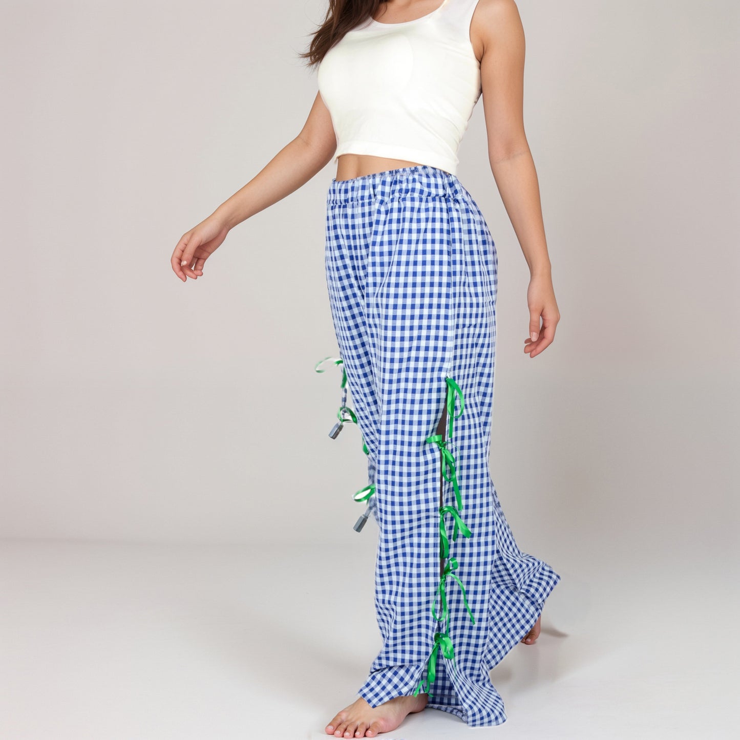 Anna-Kaci Women's Gingham Wide Leg Pants with Elastic Waistband Contrast Side Ribbon Tie Details and Relaxed Full-Length Fit