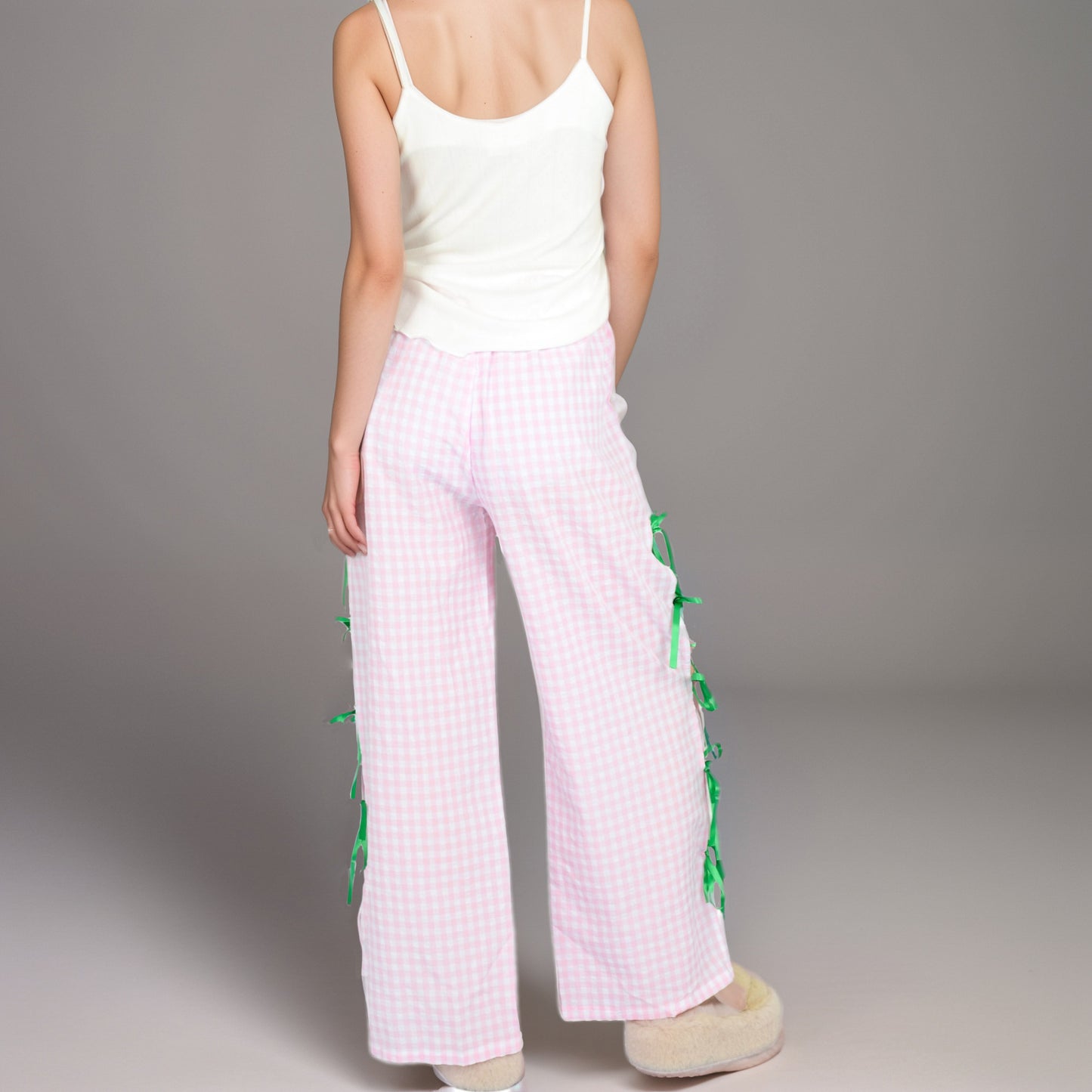 Anna-Kaci Women's Gingham Wide Leg Pants with Elastic Waistband Contrast Side Ribbon Tie Details and Relaxed Full-Length Fit