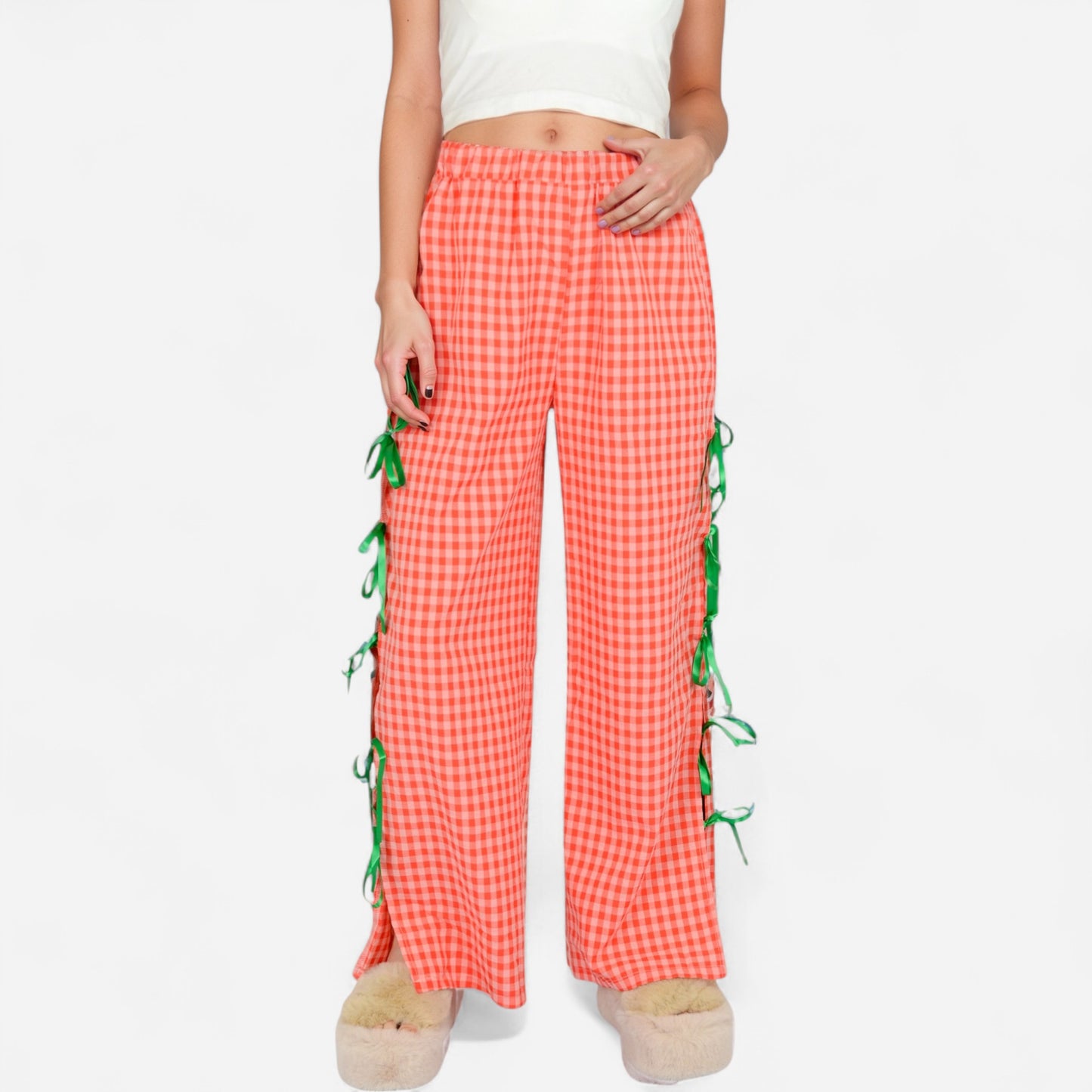 Anna-Kaci Women's Gingham Wide Leg Pants with Elastic Waistband Contrast Side Ribbon Tie Details and Relaxed Full-Length Fit