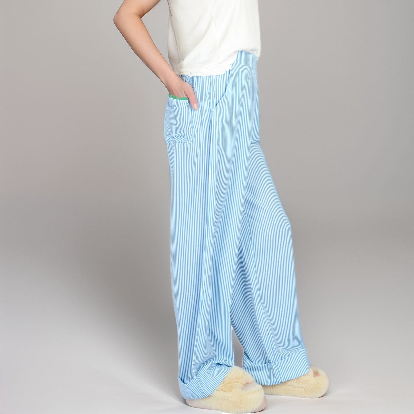 Anna-Kaci Women's Vertical Red Stripe Wide Leg Pants with High Rise Waistband Relaxed Fit and Full-Length Flowing Silhouette
