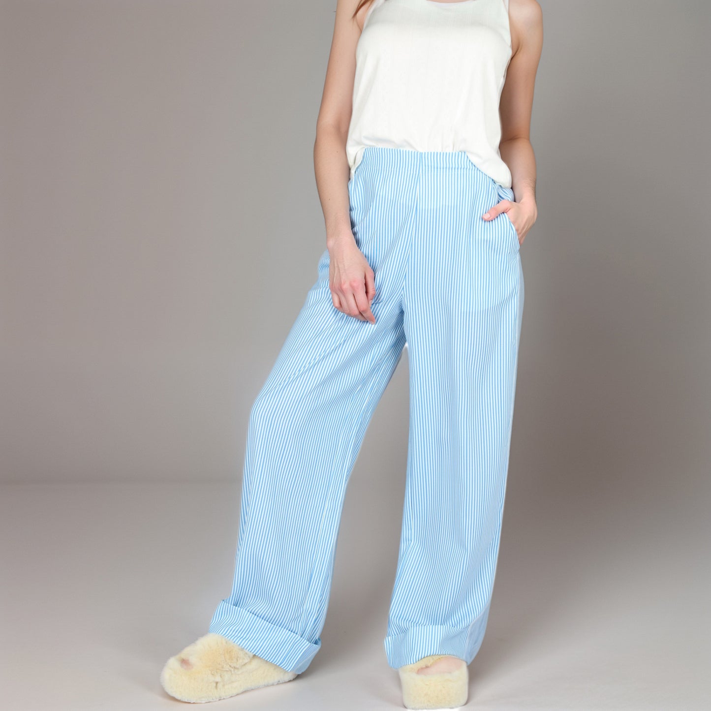 Anna-Kaci Women's Vertical Red Stripe Wide Leg Pants with High Rise Waistband Relaxed Fit and Full-Length Flowing Silhouette