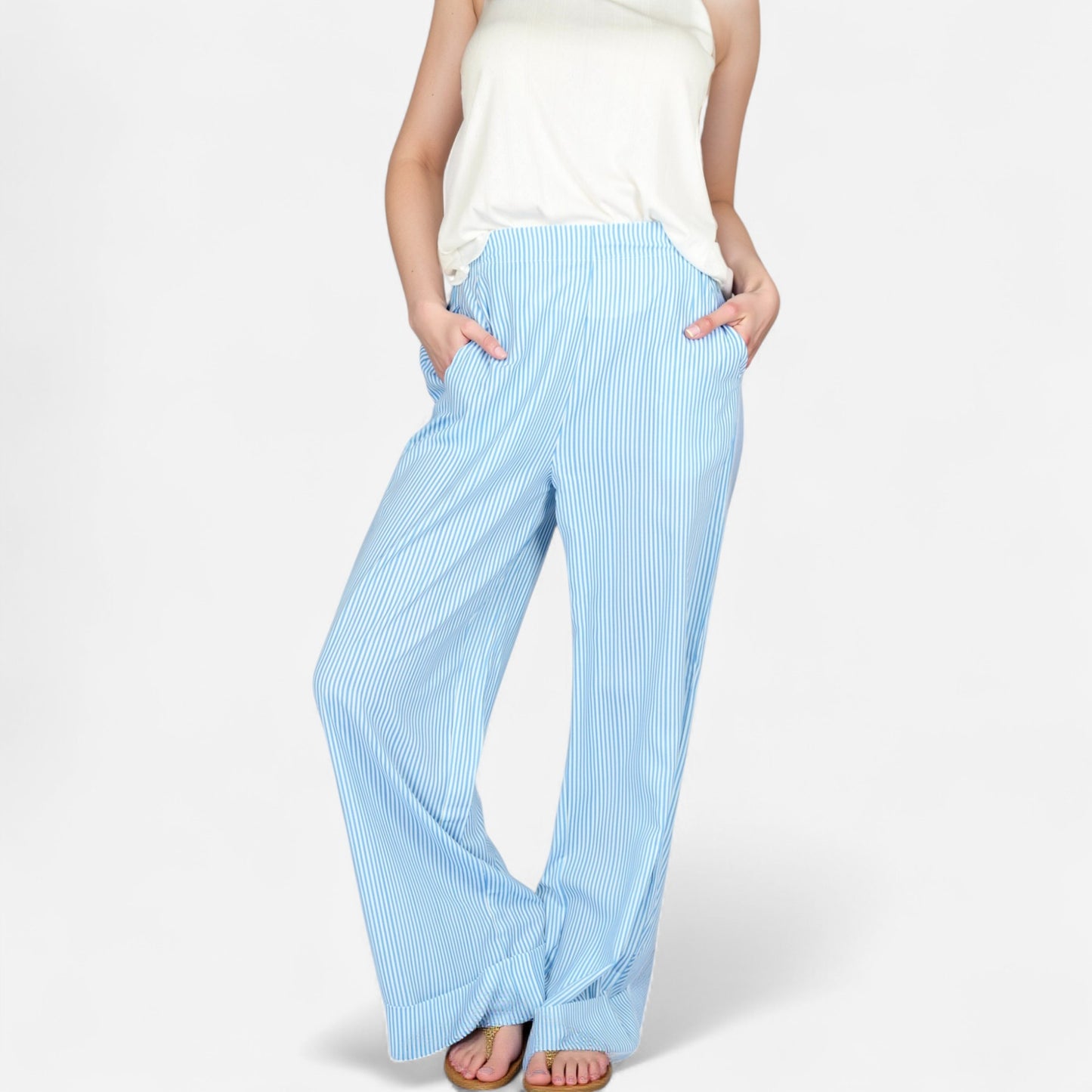 Anna-Kaci Women's Vertical Red Stripe Wide Leg Pants with High Rise Waistband Relaxed Fit and Full-Length Flowing Silhouette