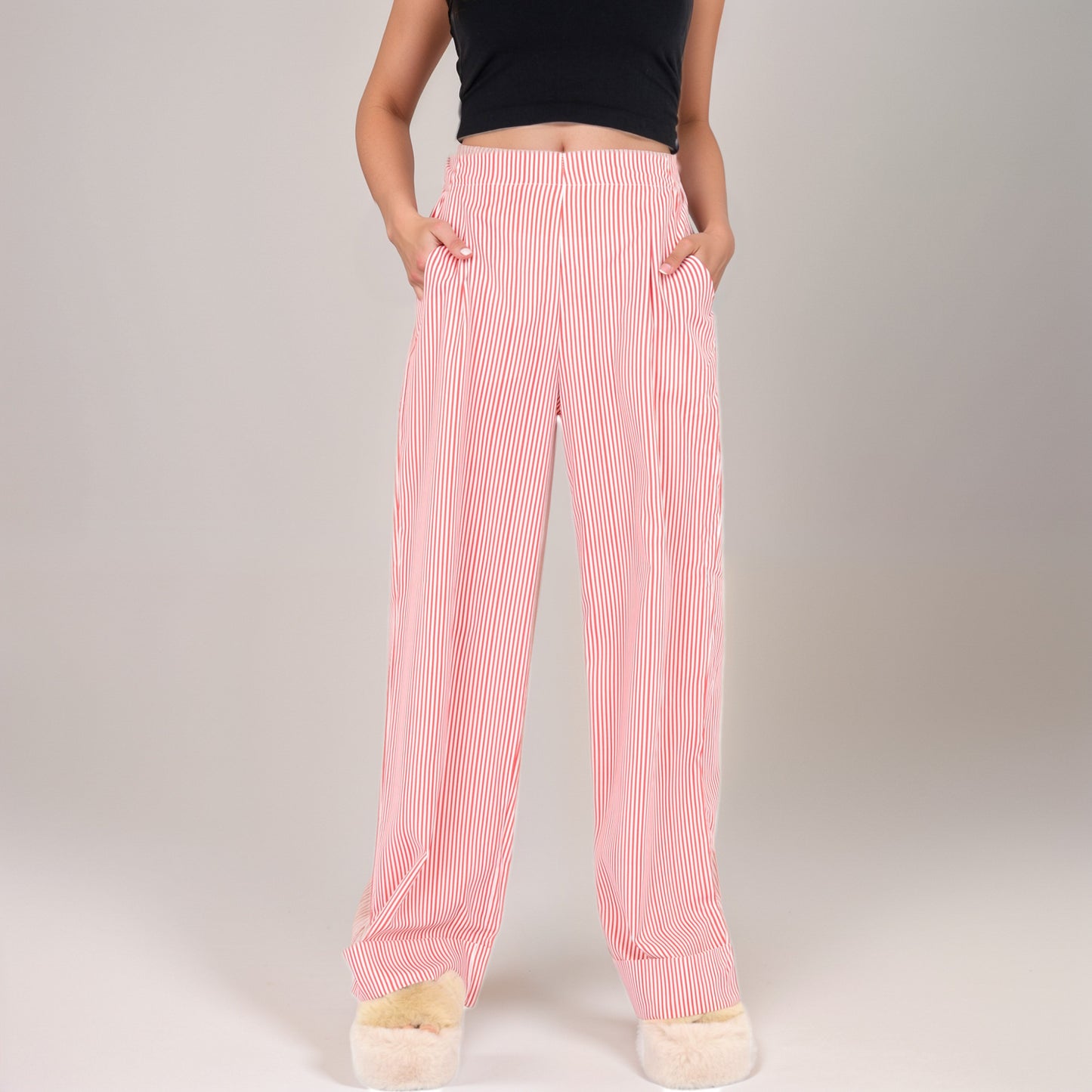 Anna-Kaci Women's Vertical Red Stripe Wide Leg Pants with High Rise Waistband Relaxed Fit and Full-Length Flowing Silhouette