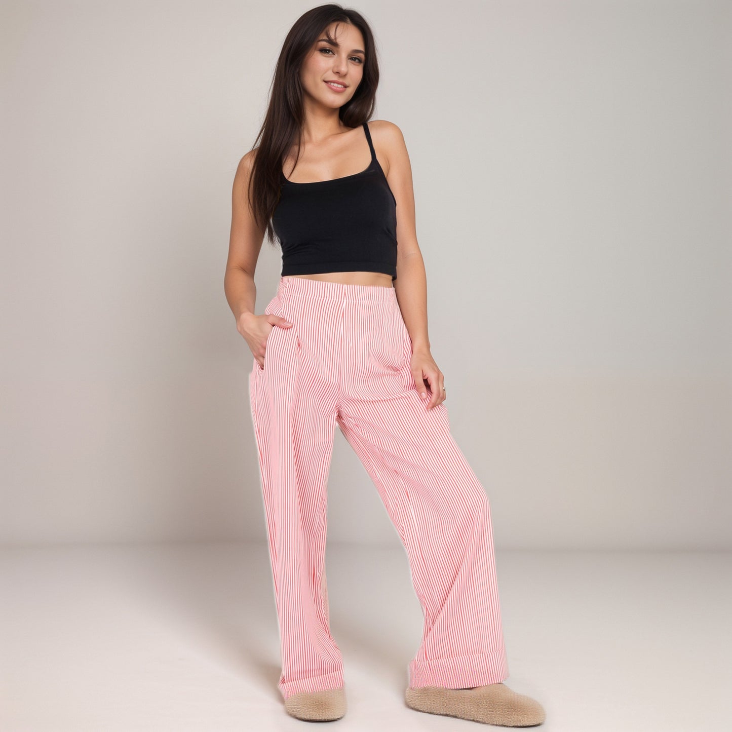 Anna-Kaci Women's Vertical Red Stripe Wide Leg Pants with High Rise Waistband Relaxed Fit and Full-Length Flowing Silhouette