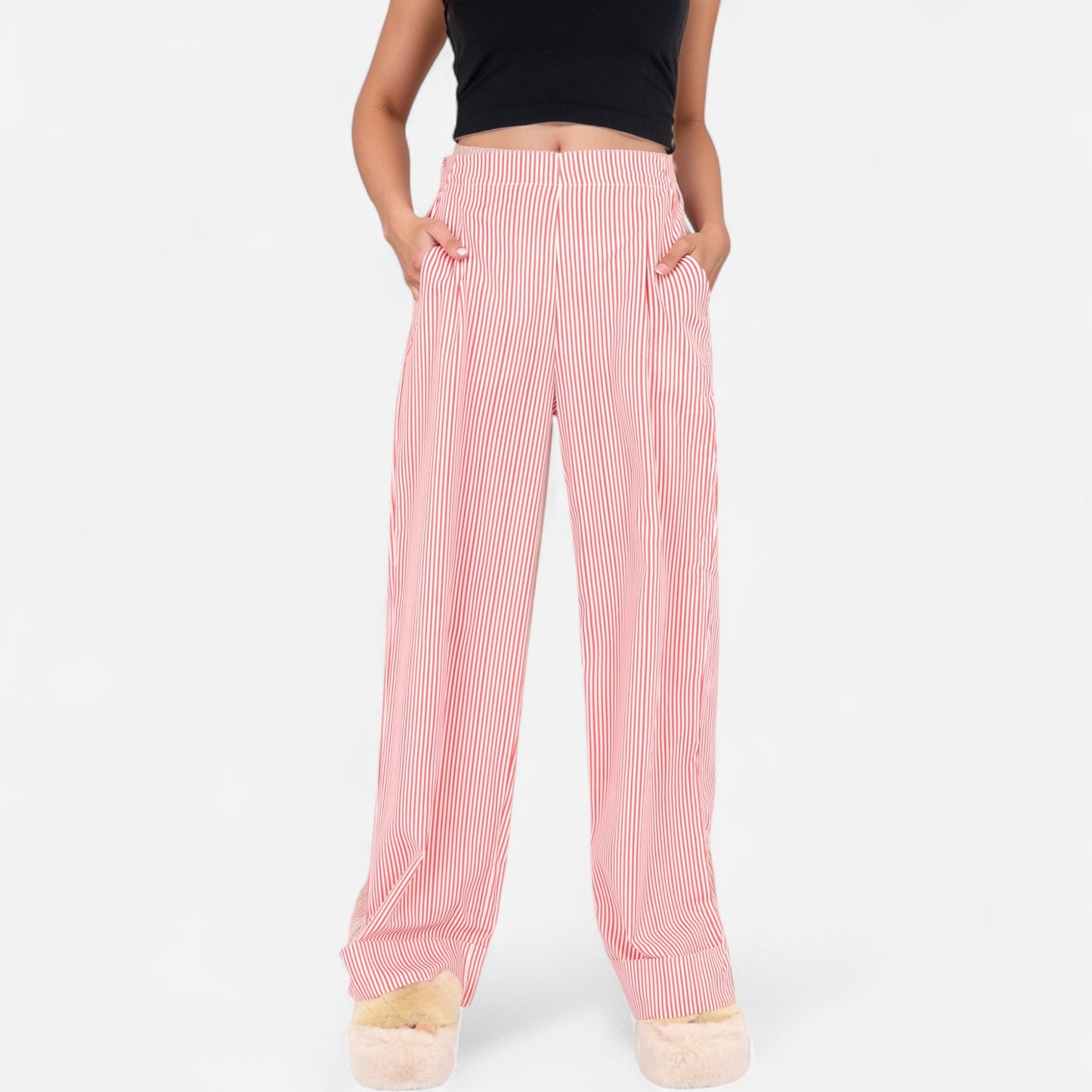 Anna-Kaci Women's Vertical Red Stripe Wide Leg Pants with High Rise Waistband Relaxed Fit and Full-Length Flowing Silhouette