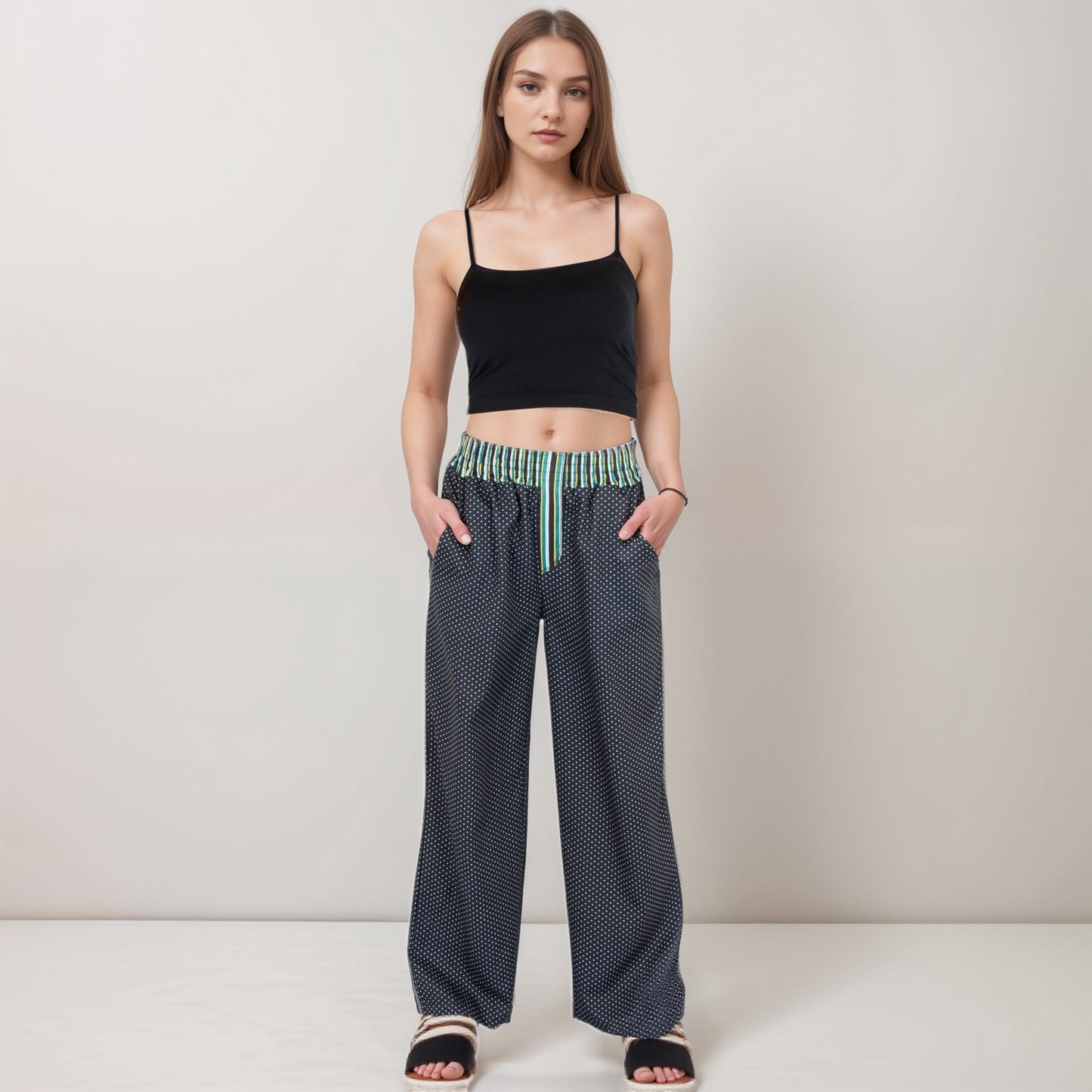 Anna-Kaci Women's Red Vertical Stripe Wide Leg Pants with Smocked Waistband Contrast Plaid Detail and Relaxed Full-Length Fit