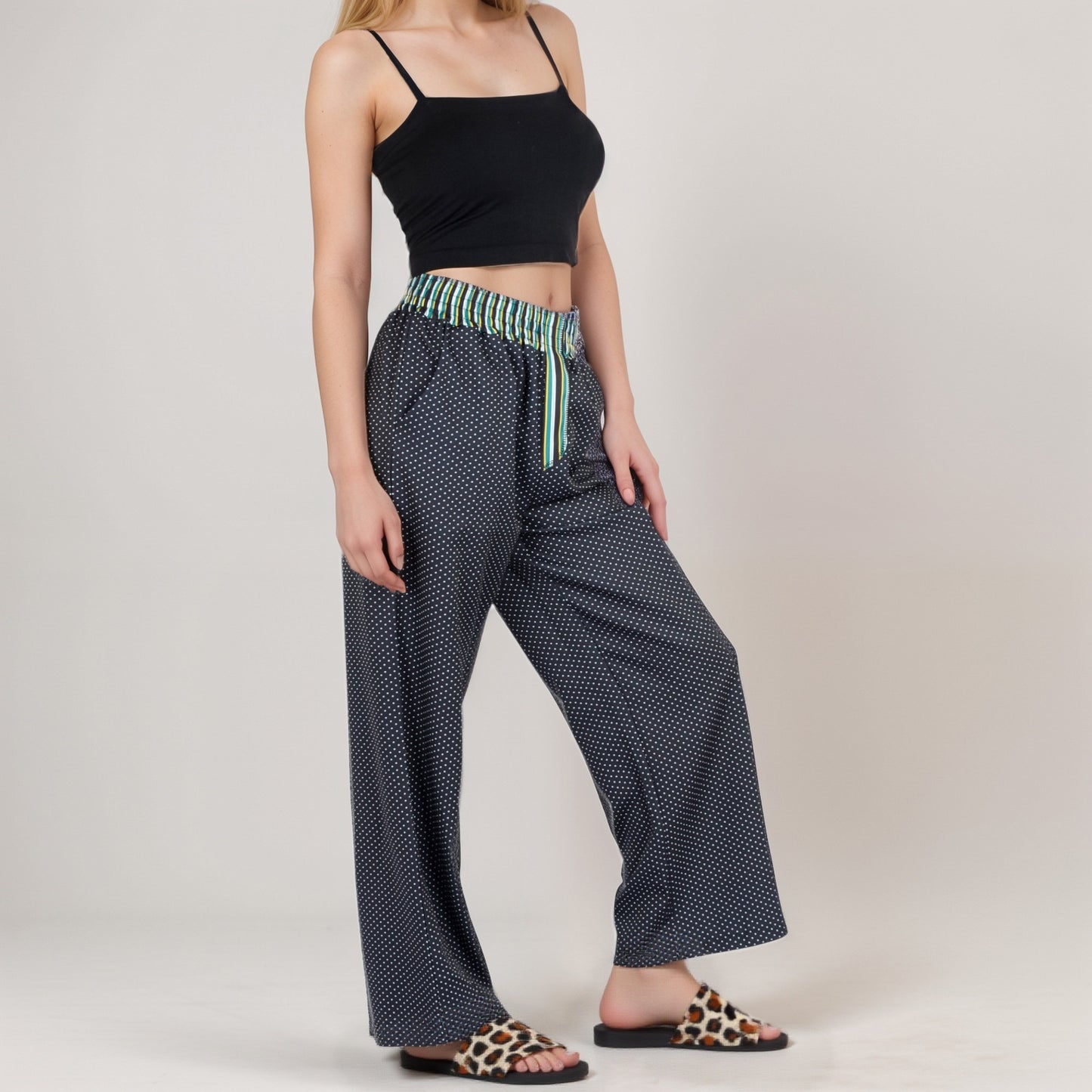 Anna-Kaci Women's Red Vertical Stripe Wide Leg Pants with Smocked Waistband Contrast Plaid Detail and Relaxed Full-Length Fit