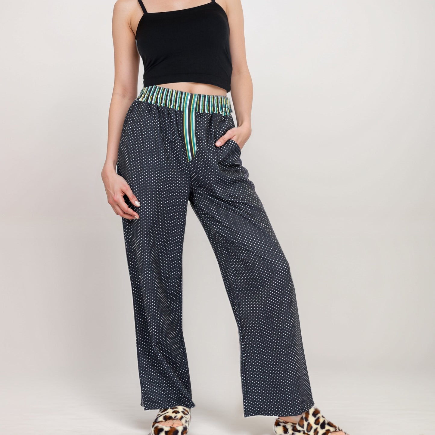 Anna-Kaci Women's Red Vertical Stripe Wide Leg Pants with Smocked Waistband Contrast Plaid Detail and Relaxed Full-Length Fit