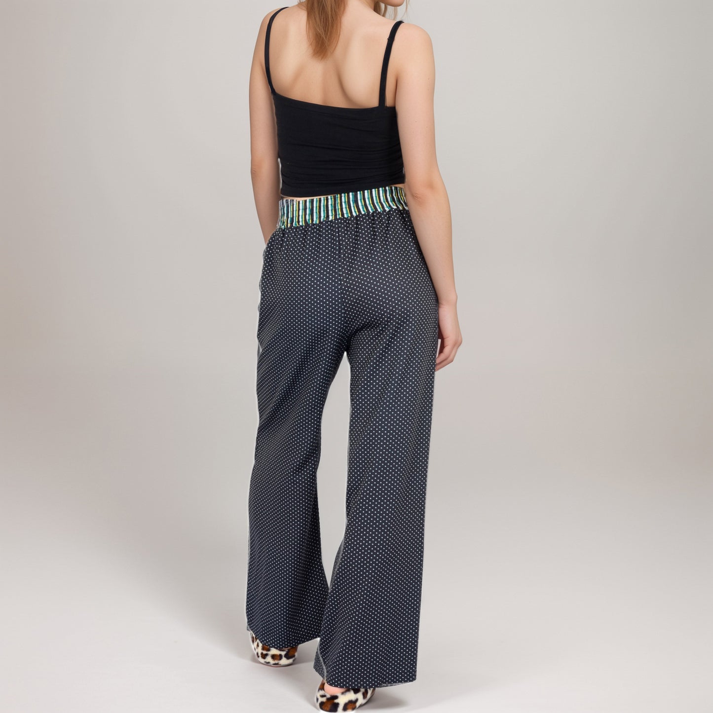 Anna-Kaci Women's Red Vertical Stripe Wide Leg Pants with Smocked Waistband Contrast Plaid Detail and Relaxed Full-Length Fit