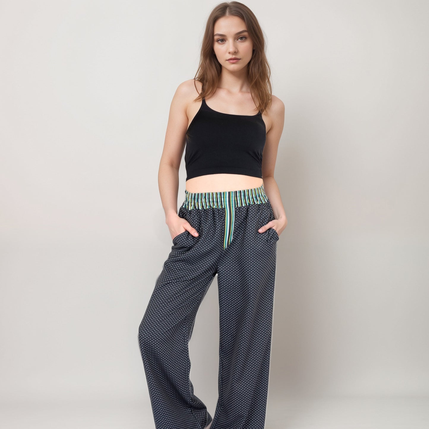 Anna-Kaci Women's Red Vertical Stripe Wide Leg Pants with Smocked Waistband Contrast Plaid Detail and Relaxed Full-Length Fit