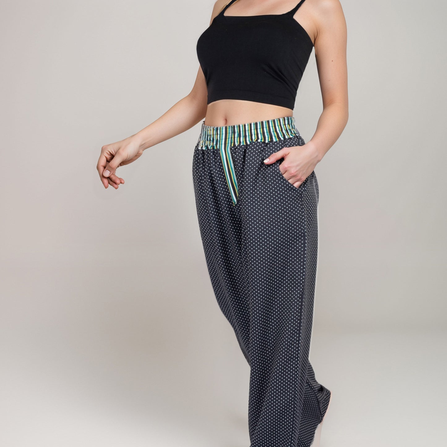 Anna-Kaci Women's Red Vertical Stripe Wide Leg Pants with Smocked Waistband Contrast Plaid Detail and Relaxed Full-Length Fit