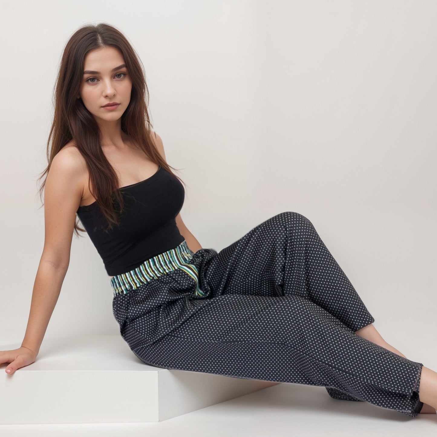 Anna-Kaci Women's Red Vertical Stripe Wide Leg Pants with Smocked Waistband Contrast Plaid Detail and Relaxed Full-Length Fit