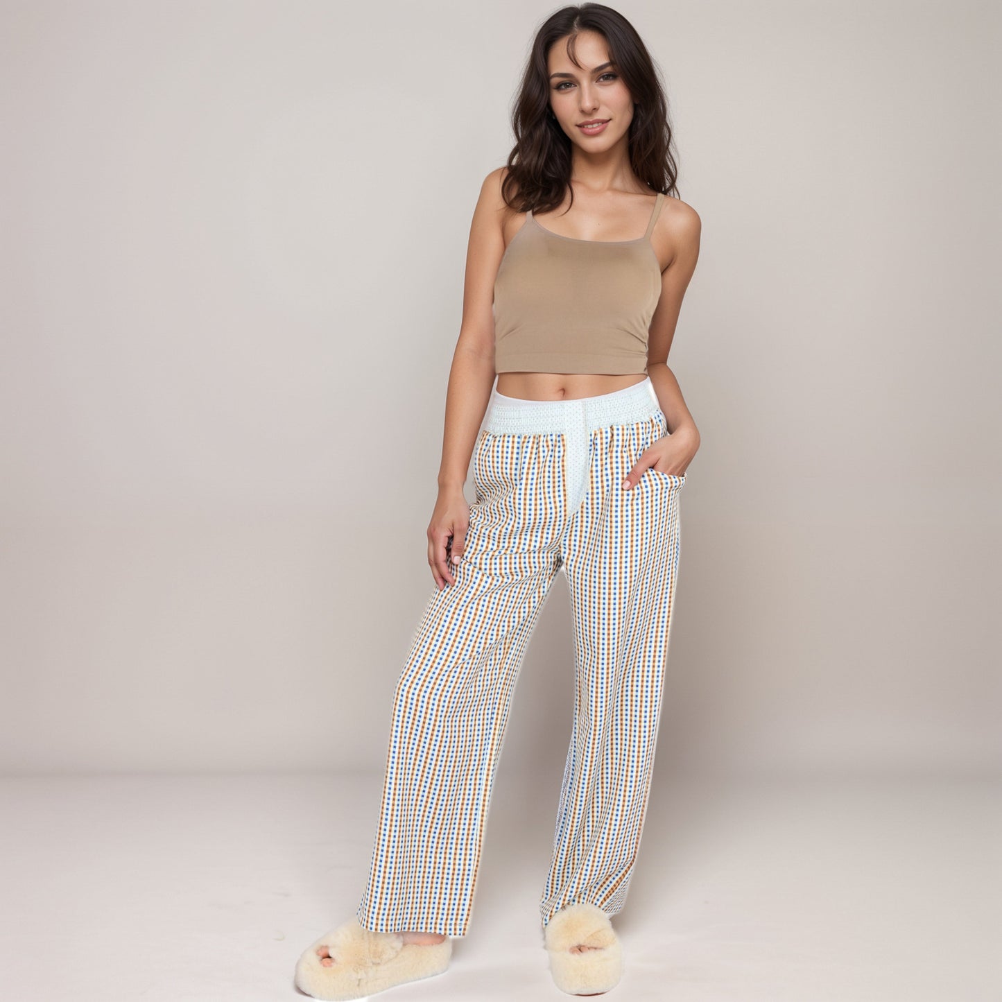 Anna-Kaci Women's Red Vertical Stripe Wide Leg Pants with Smocked Waistband Contrast Plaid Detail and Relaxed Full-Length Fit