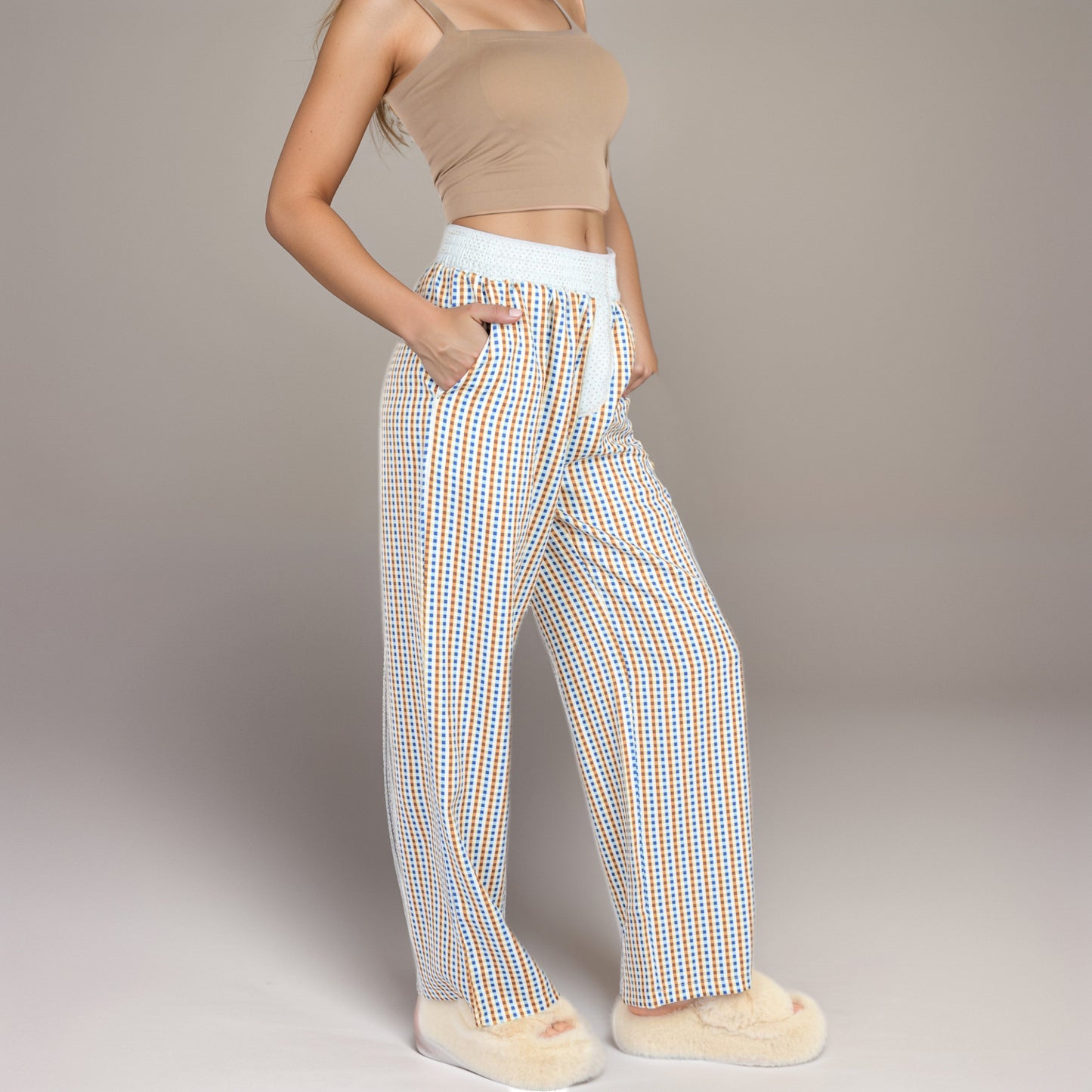 Anna-Kaci Women's Red Vertical Stripe Wide Leg Pants with Smocked Waistband Contrast Plaid Detail and Relaxed Full-Length Fit