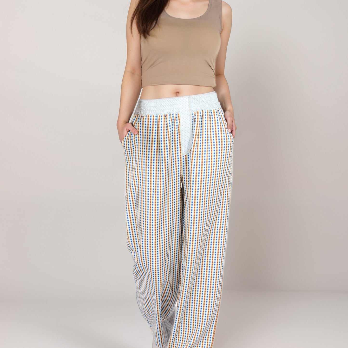 Anna-Kaci Women's Red Vertical Stripe Wide Leg Pants with Smocked Waistband Contrast Plaid Detail and Relaxed Full-Length Fit