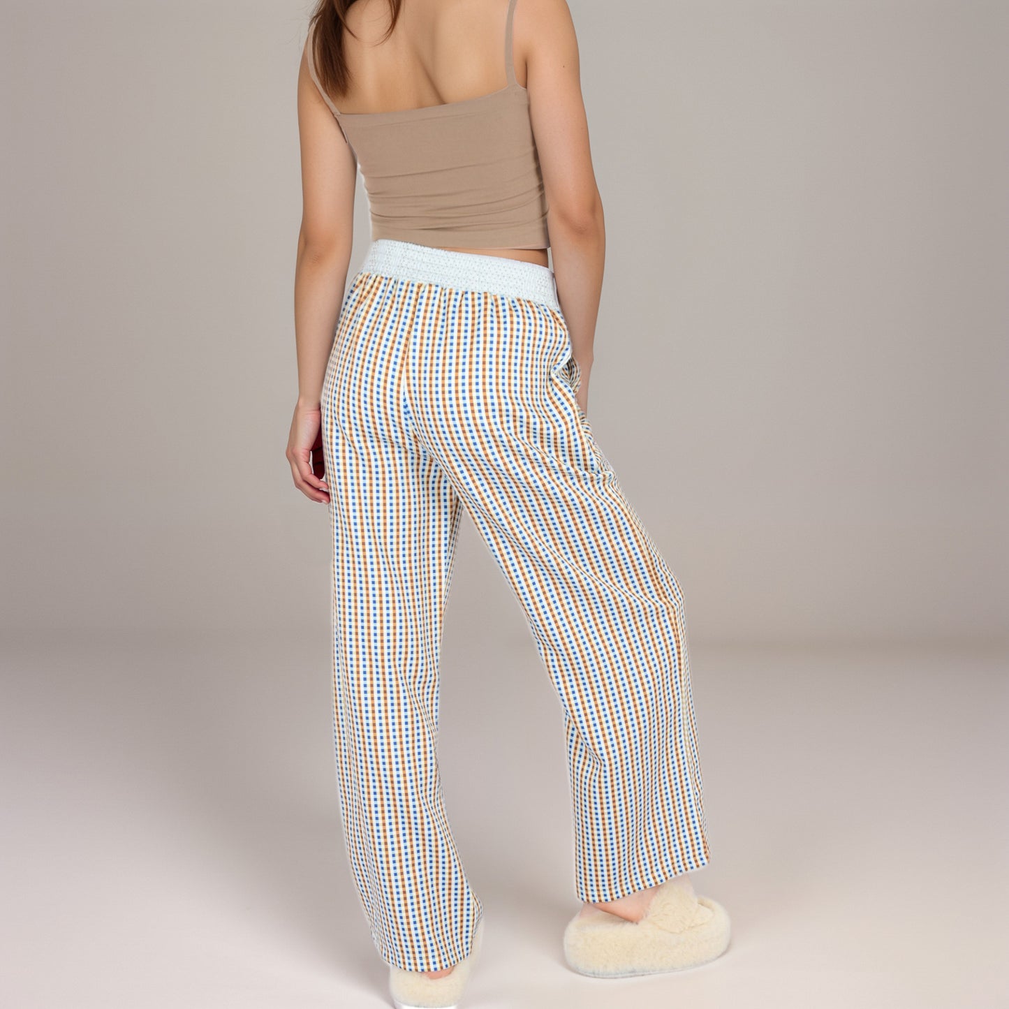 Anna-Kaci Women's Red Vertical Stripe Wide Leg Pants with Smocked Waistband Contrast Plaid Detail and Relaxed Full-Length Fit