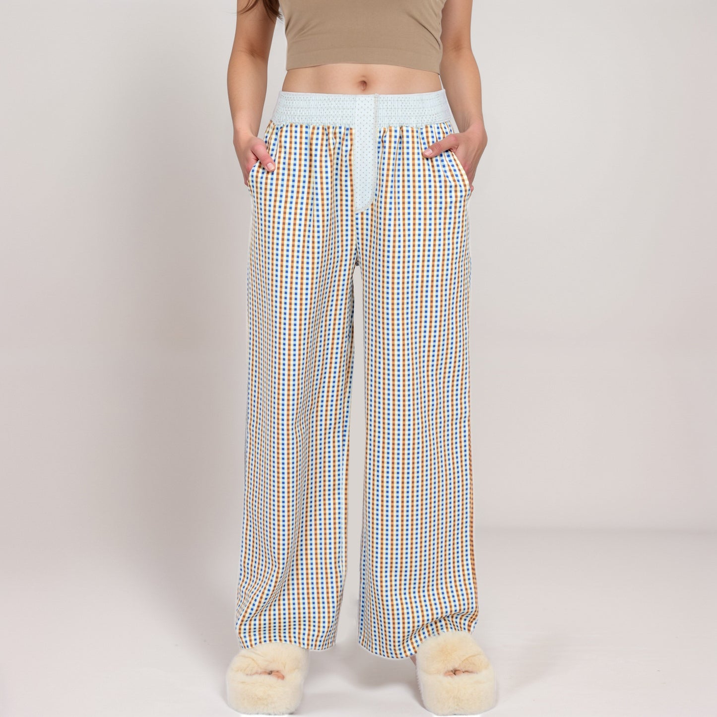Anna-Kaci Women's Red Vertical Stripe Wide Leg Pants with Smocked Waistband Contrast Plaid Detail and Relaxed Full-Length Fit