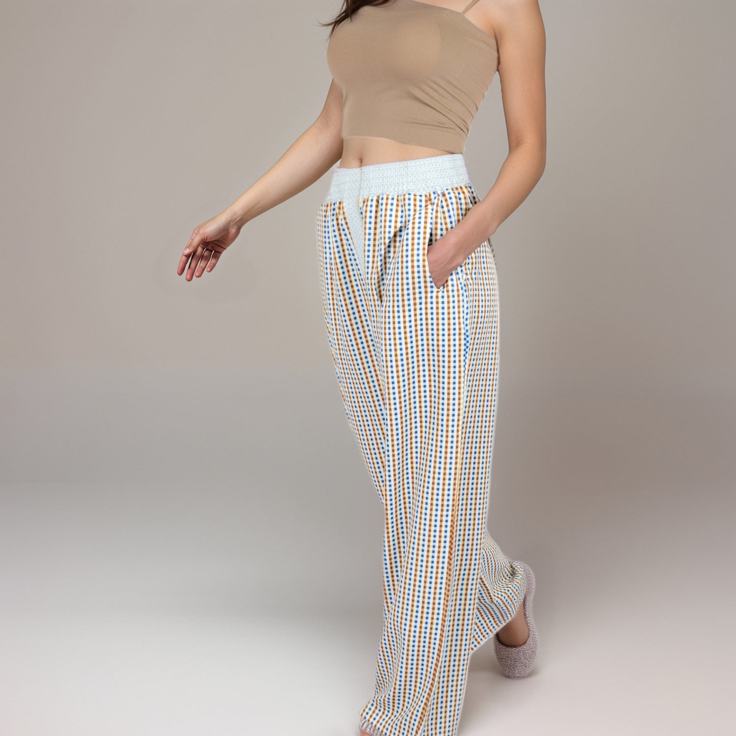 Anna-Kaci Women's Red Vertical Stripe Wide Leg Pants with Smocked Waistband Contrast Plaid Detail and Relaxed Full-Length Fit