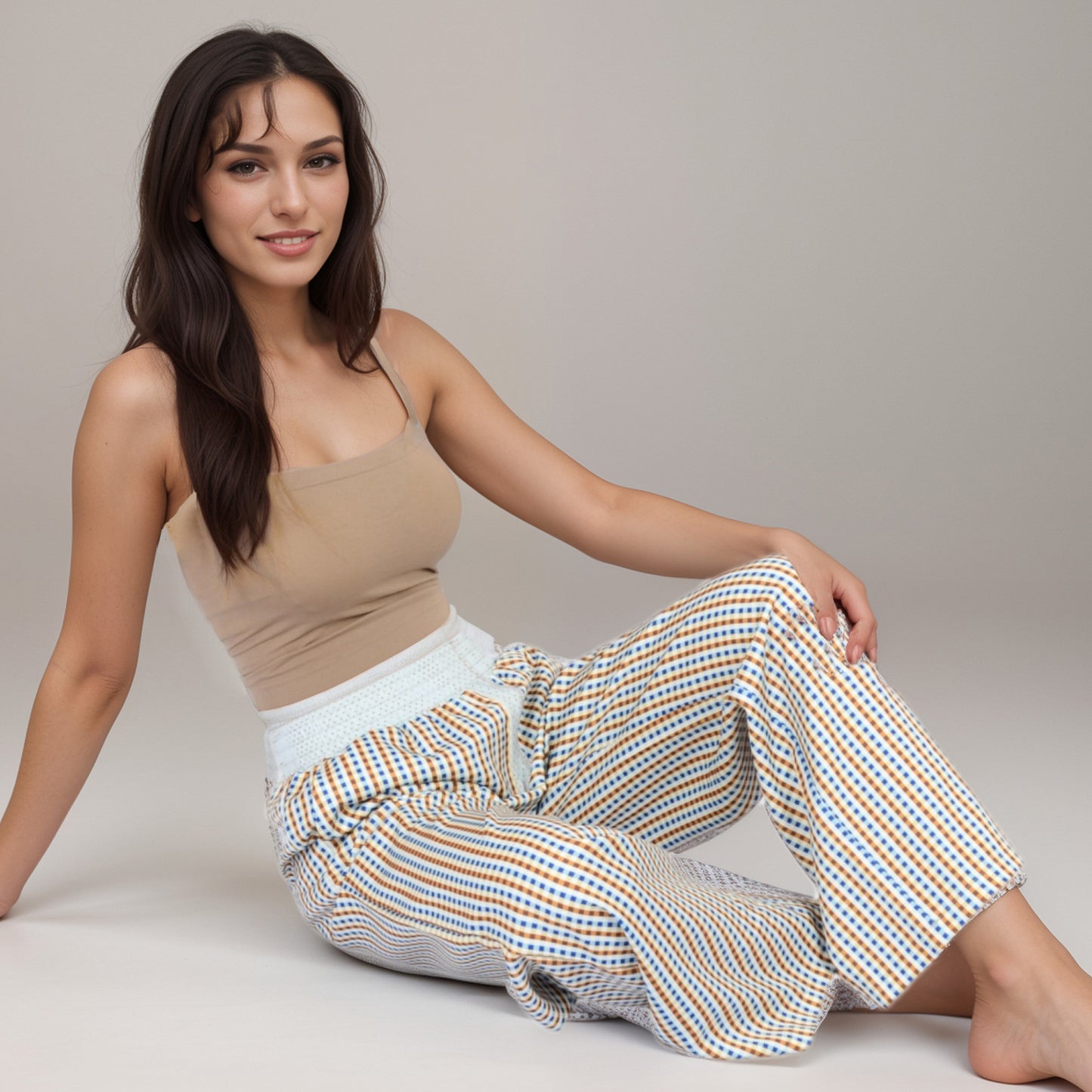 Anna-Kaci Women's Red Vertical Stripe Wide Leg Pants with Smocked Waistband Contrast Plaid Detail and Relaxed Full-Length Fit