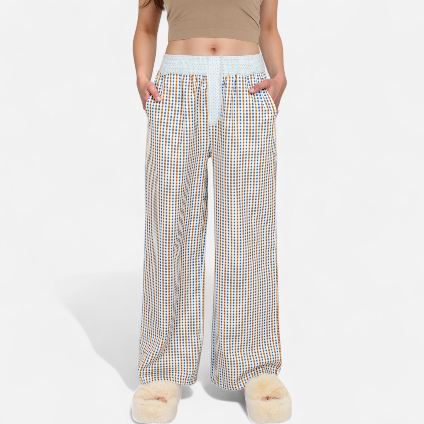 Anna-Kaci Women's Red Vertical Stripe Wide Leg Pants with Smocked Waistband Contrast Plaid Detail and Relaxed Full-Length Fit