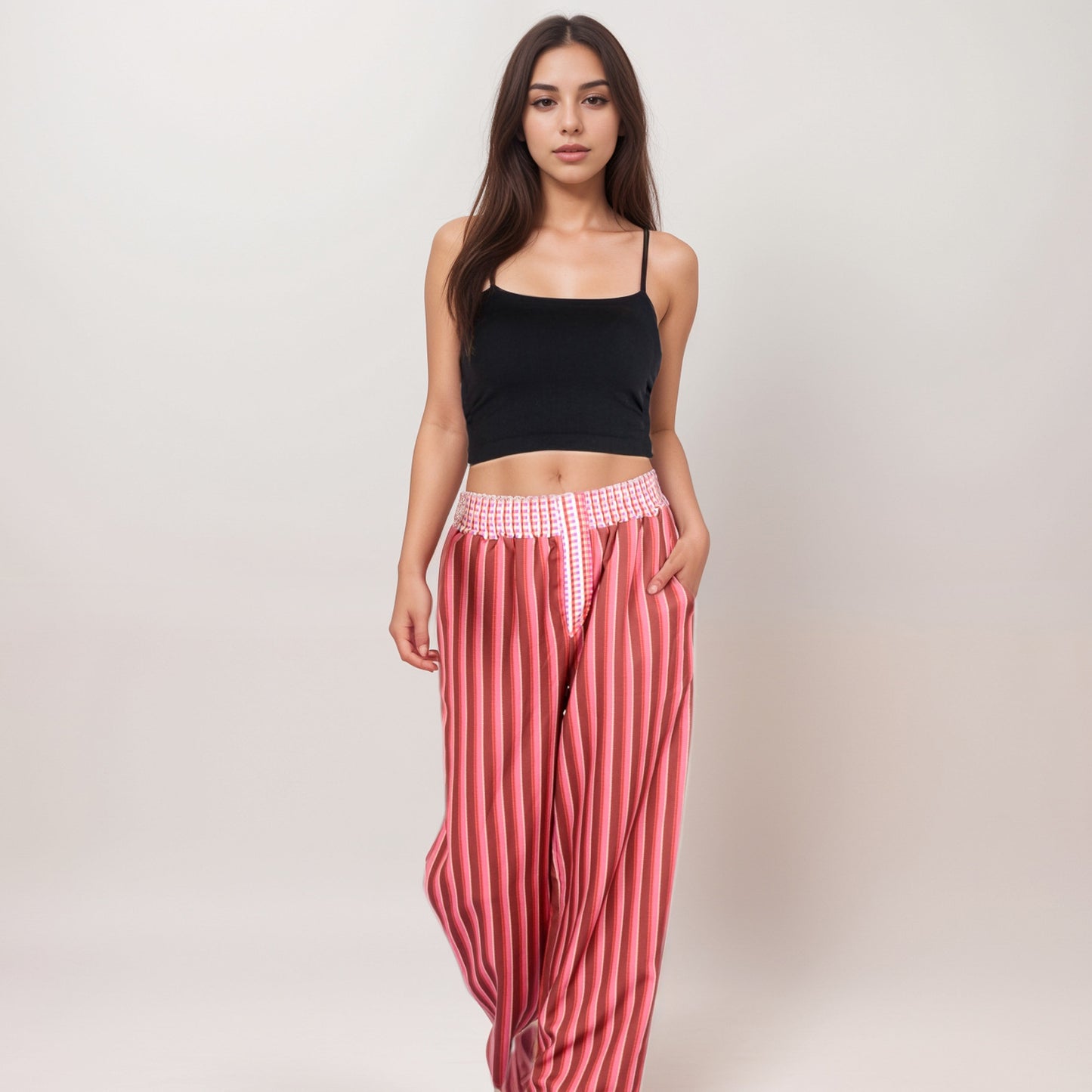 Anna-Kaci Women's Red Vertical Stripe Wide Leg Pants with Smocked Waistband Contrast Plaid Detail and Relaxed Full-Length Fit