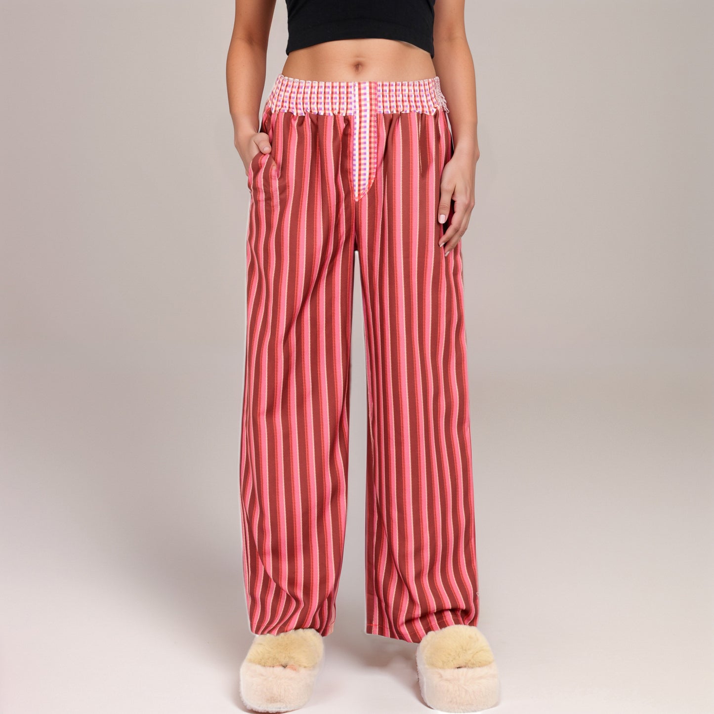 Anna-Kaci Women's Red Vertical Stripe Wide Leg Pants with Smocked Waistband Contrast Plaid Detail and Relaxed Full-Length Fit