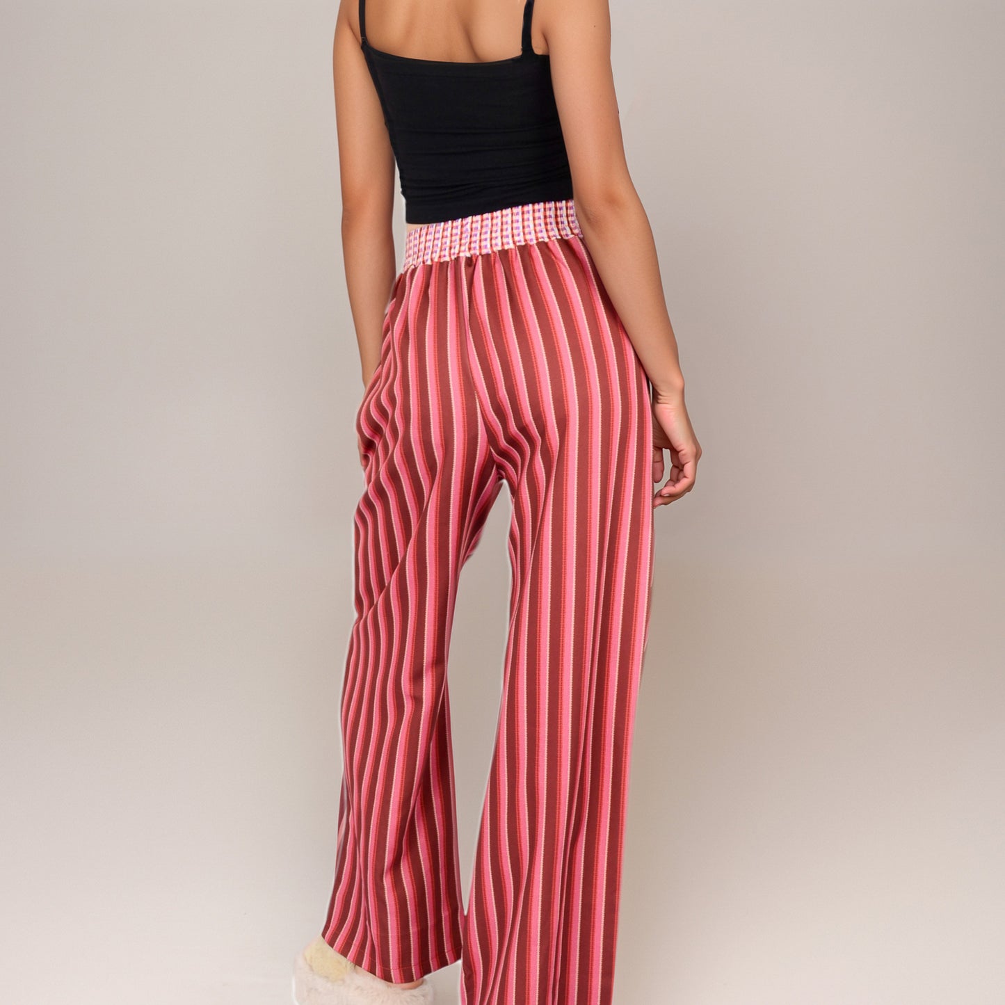 Anna-Kaci Women's Red Vertical Stripe Wide Leg Pants with Smocked Waistband Contrast Plaid Detail and Relaxed Full-Length Fit
