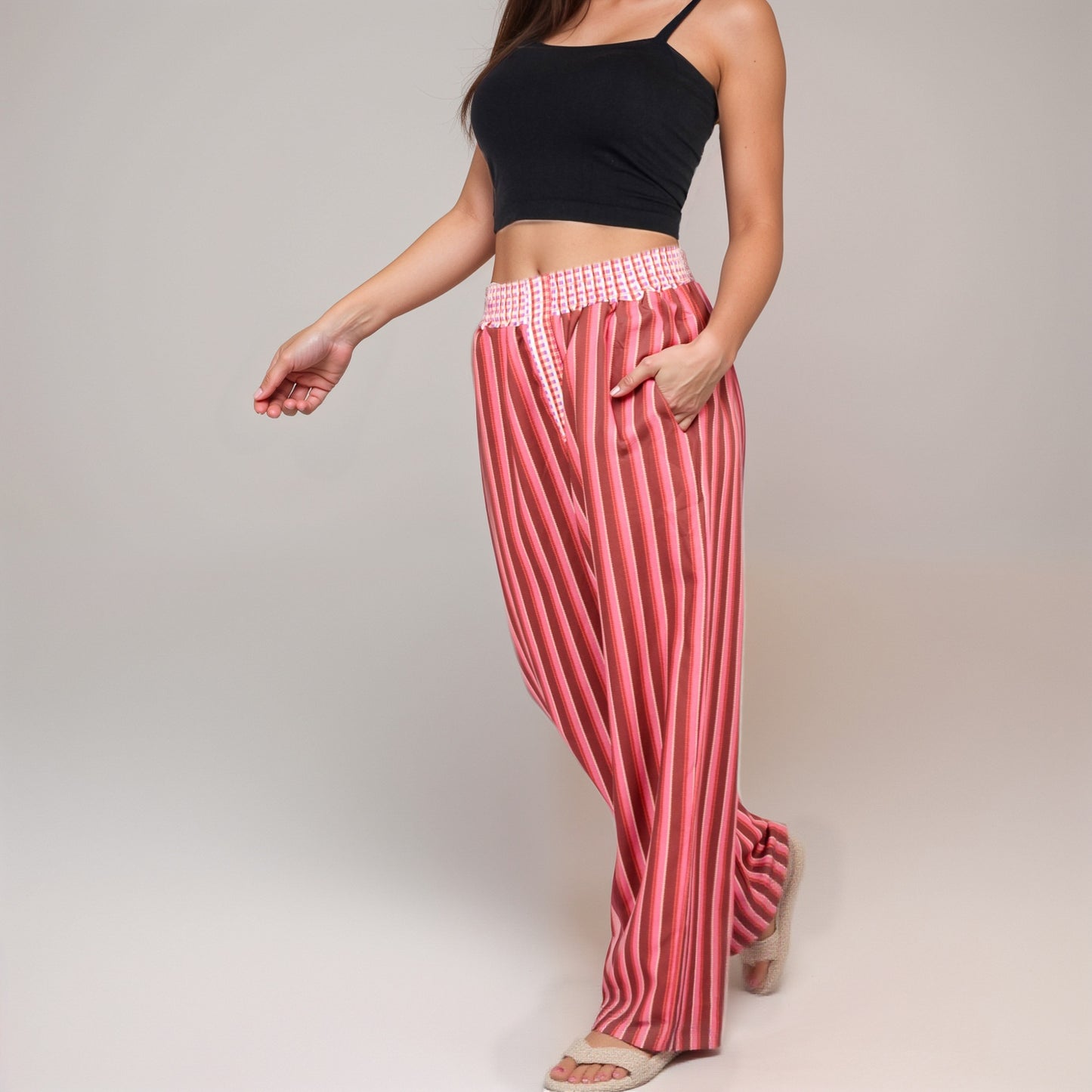 Anna-Kaci Women's Red Vertical Stripe Wide Leg Pants with Smocked Waistband Contrast Plaid Detail and Relaxed Full-Length Fit