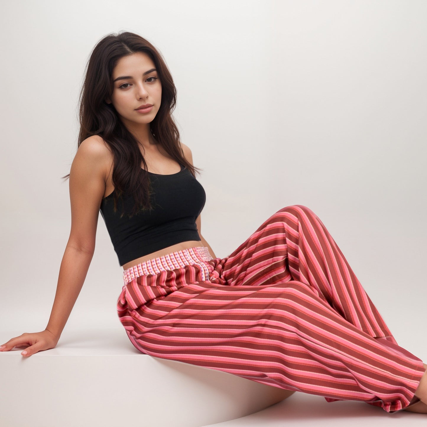 Anna-Kaci Women's Red Vertical Stripe Wide Leg Pants with Smocked Waistband Contrast Plaid Detail and Relaxed Full-Length Fit