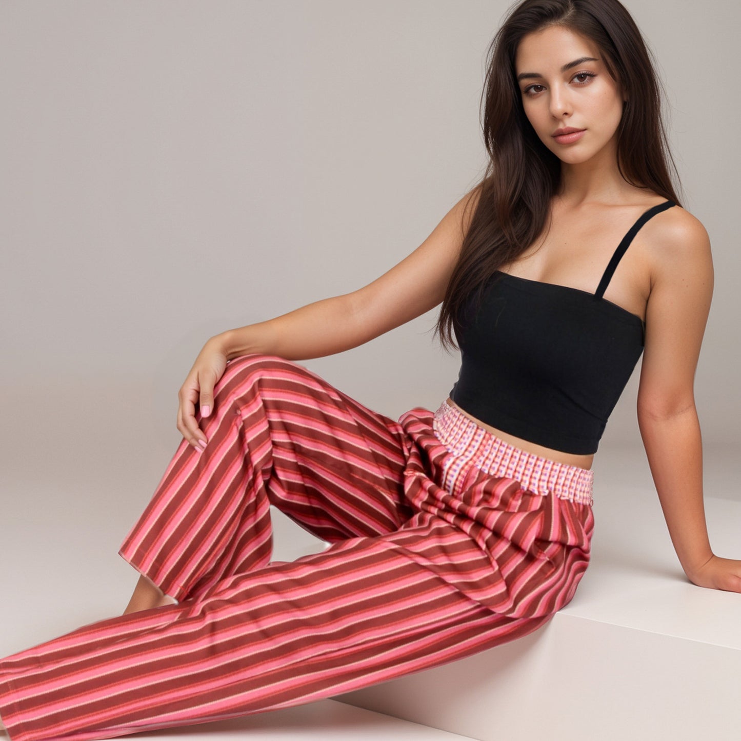 Anna-Kaci Women's Red Vertical Stripe Wide Leg Pants with Smocked Waistband Contrast Plaid Detail and Relaxed Full-Length Fit