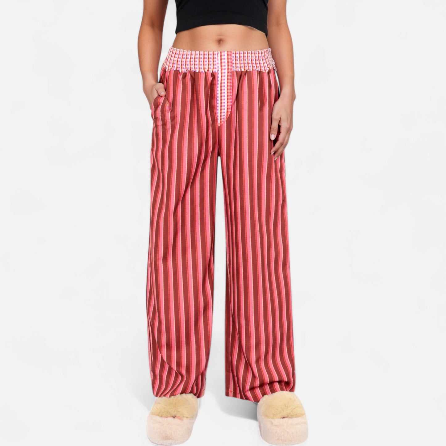 Anna-Kaci Women's Red Vertical Stripe Wide Leg Pants with Smocked Waistband Contrast Plaid Detail and Relaxed Full-Length Fit