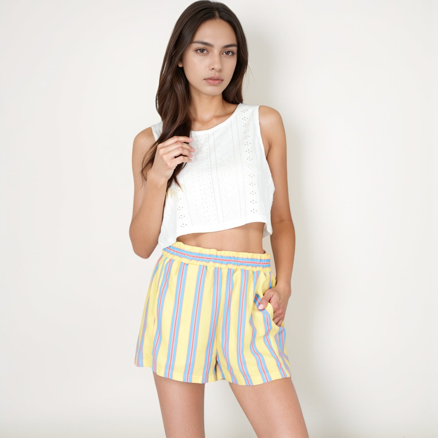 Anna-Kaci Women's Striped Elastic Waist Lounge Shorts with Relaxed Fit and Side Pockets