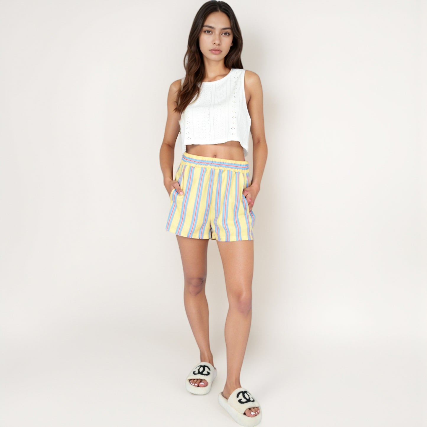 Anna-Kaci Women's Striped Elastic Waist Lounge Shorts with Relaxed Fit and Side Pockets