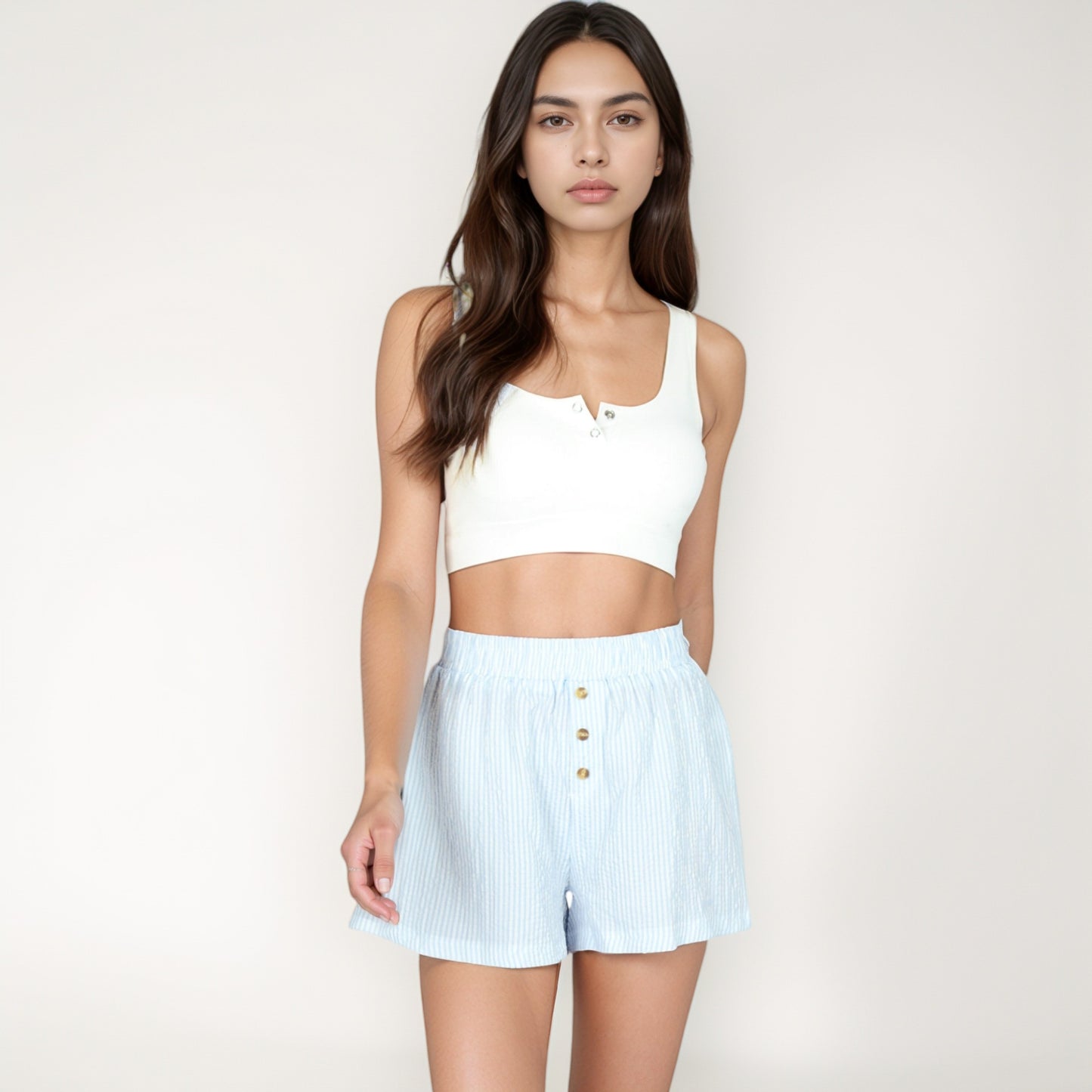 Anna-Kaci Women's Seersucker Stripe Lounge Shorts with Elastic Waistband and Decorative Button Front